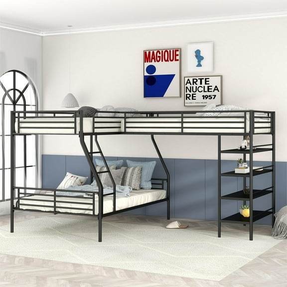 Euroco Metal Twin over Full Bunk and Twin Loft Bed with Four-Tier Shelves for Kids Teens Adults, 3 Beds in 1, Black
