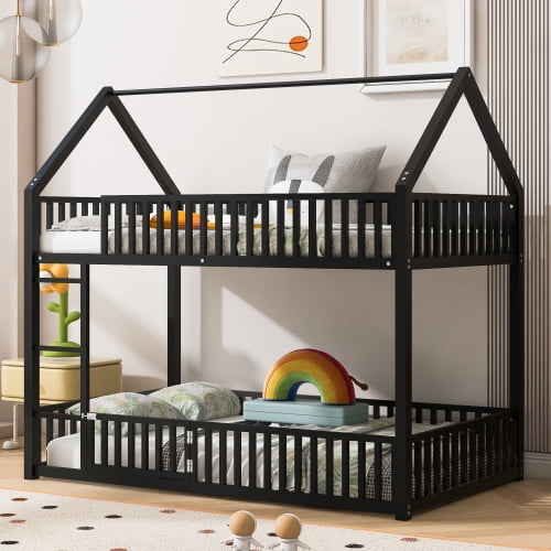Euroco Metal Twin over Twin Bunk Bed, House Bed with Fence and Door for Kids Teens, Black