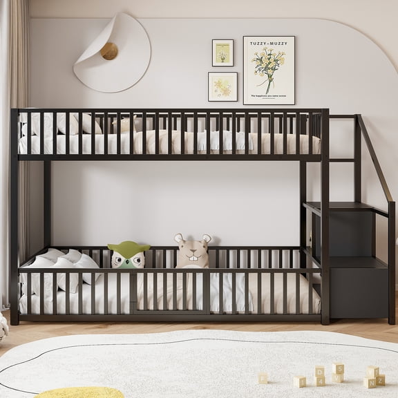 Euroco Metal Twin over Twin Bunk Bed with Staircase and Guardrails, Black