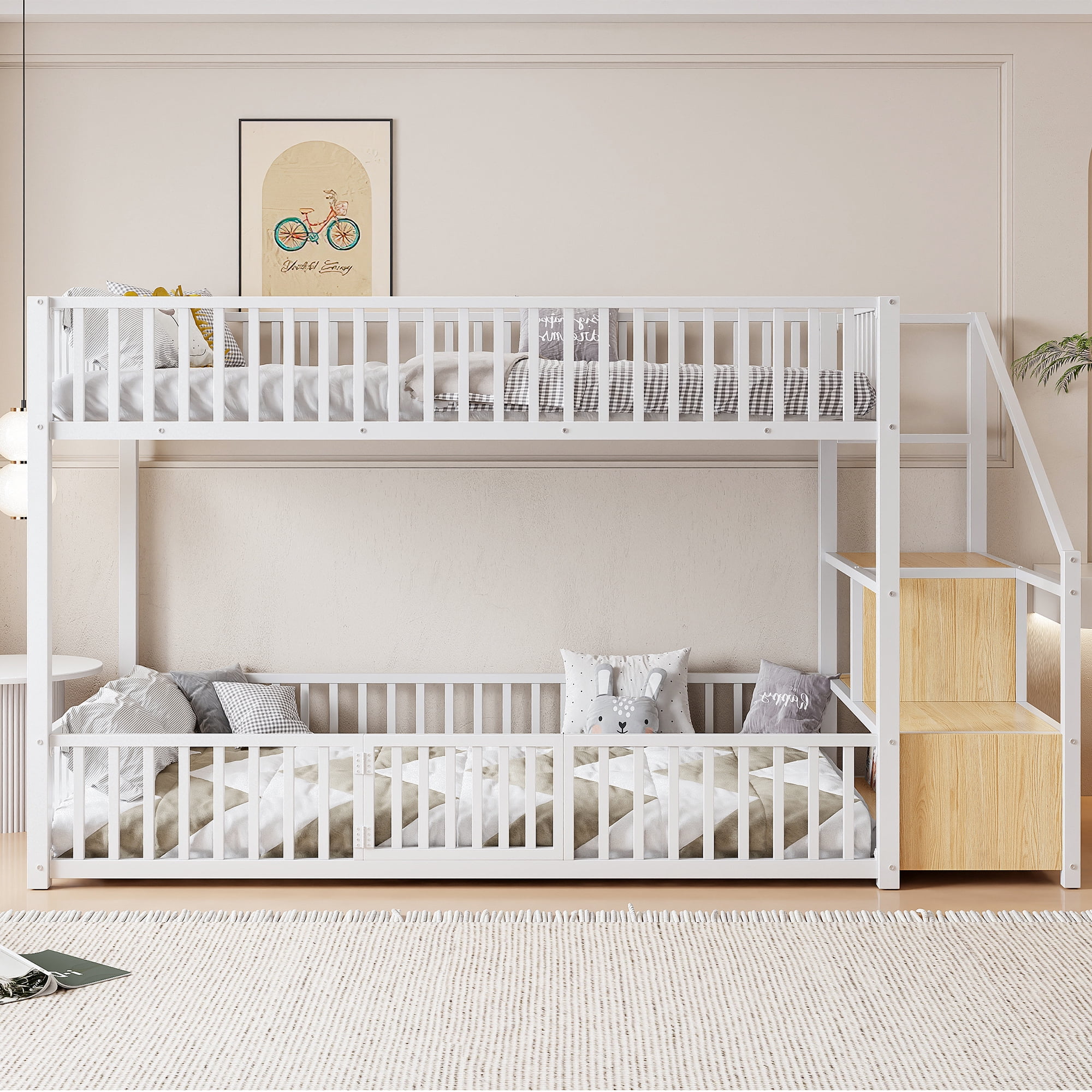 Euroco Metal Twin over Twin Bunk Bed with Staircase and Guardrails, White