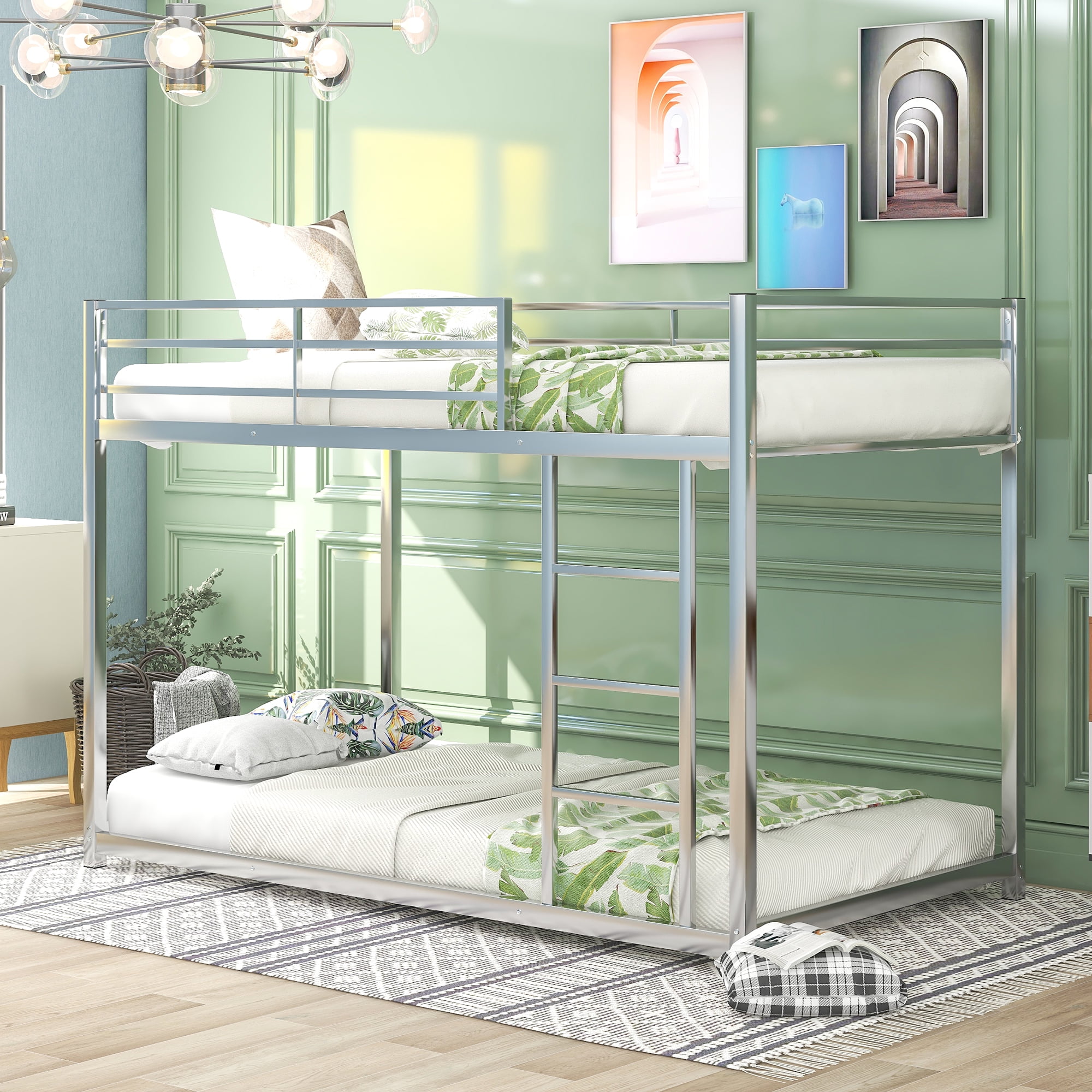 Euroco Metal Twin over Twin Bunk Bed with Storage Shelf for kids Room, Silver