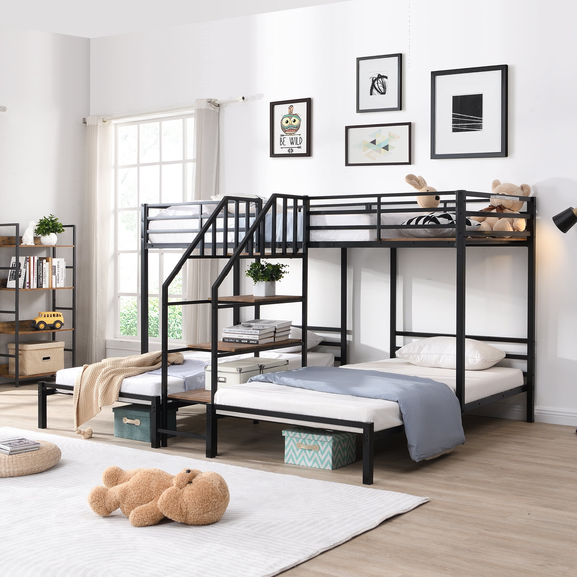 Euroco Metal Twin over Twin & Twin Bunk Bed, 3-in-1 Triple Bunk Bed ...