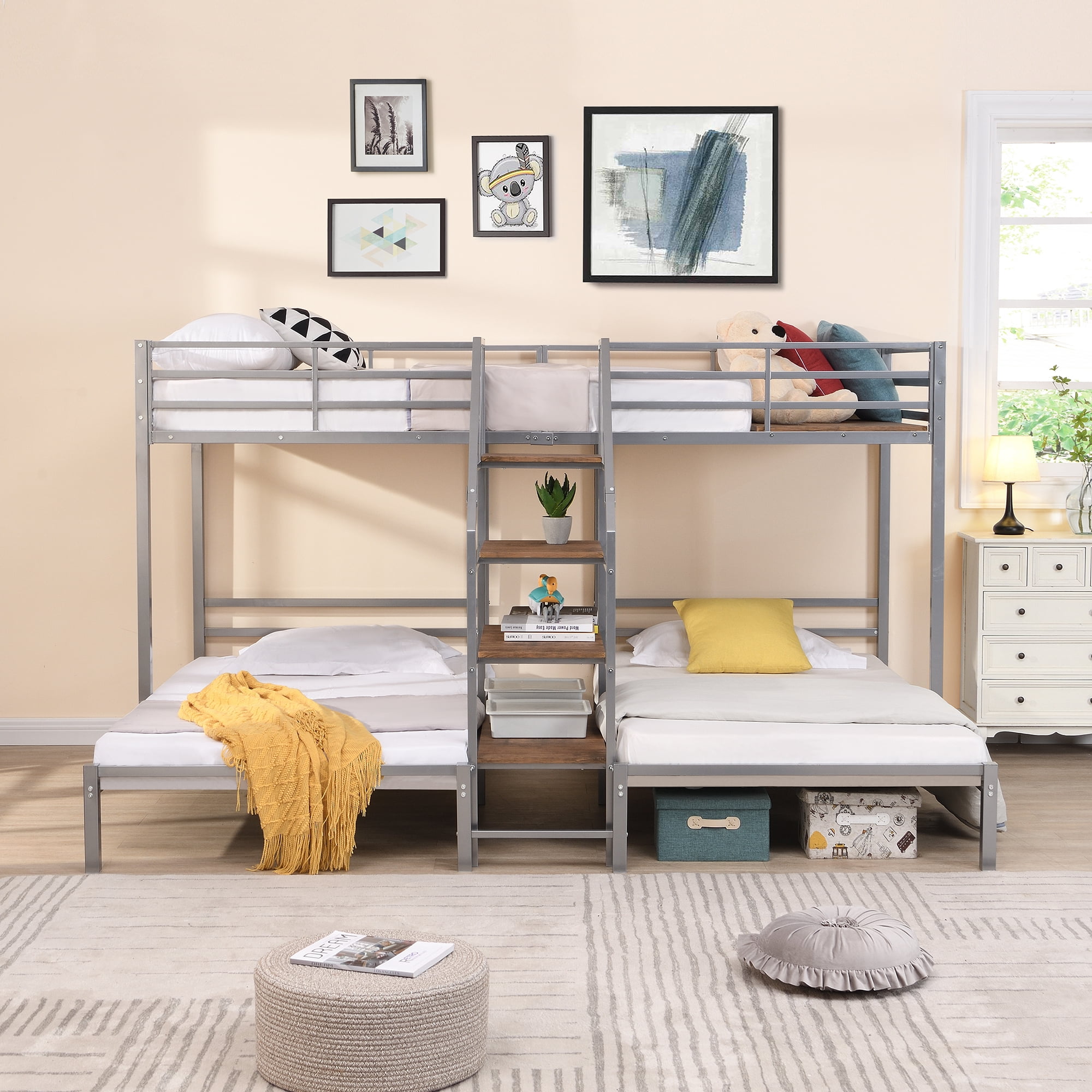 Euroco Metal Twin over Twin & Twin Bunk Bed, 3-in-1 Triple Bunk Bed