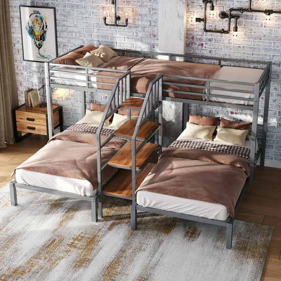 Euroco Metal Twin over Twin & Twin Bunk Bed, 3-in-1 Triple Bunk Bed with Shelves for Kids Teens, Silver