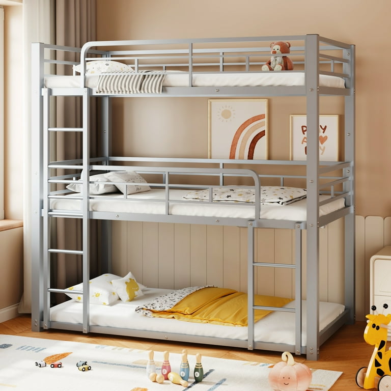 Euroco Triple Twin Bunk Bed Metal Construction Space Saving Full size Small Measurements for Kids Teens Adults Silver