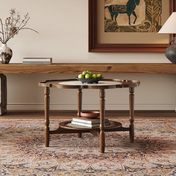 Euroco Mid-Century 31.5" Petal-Shaped Coffee Table with Crackle Glass Top and Rattan Shelf
