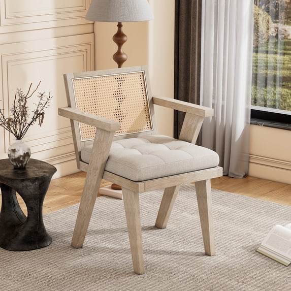 Euroco Mid-Century Accent Chair with Handcrafted Rattan Backrest and Padded Seat for Leisure, Bedroom, Kitchen, Living Room, Enterway, Natural
