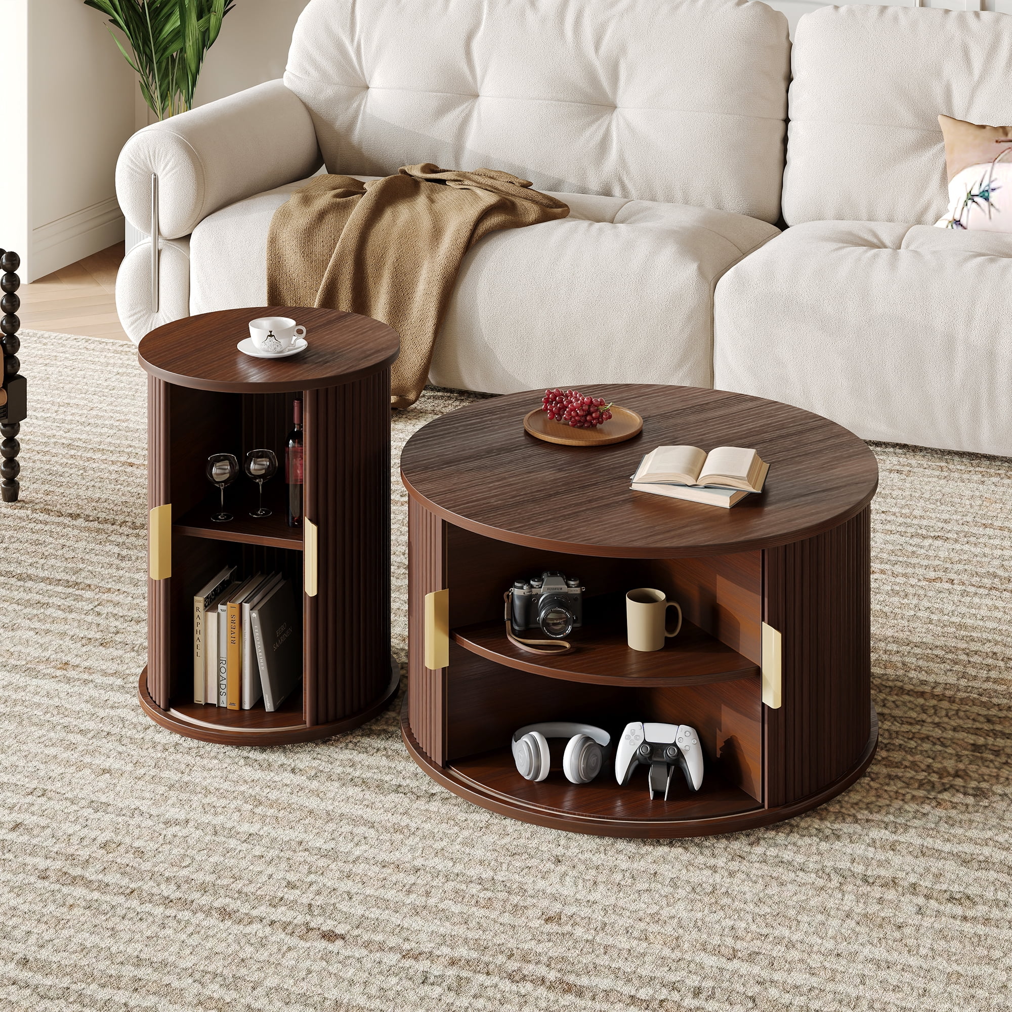 Euroco Mid-Century Coffee Table Set with Sliding Tambour Door, Round Fluted End Table With Storage, Golden Handle Tall & Low Side Table with Wooden Finish for Living Room, Set of Two