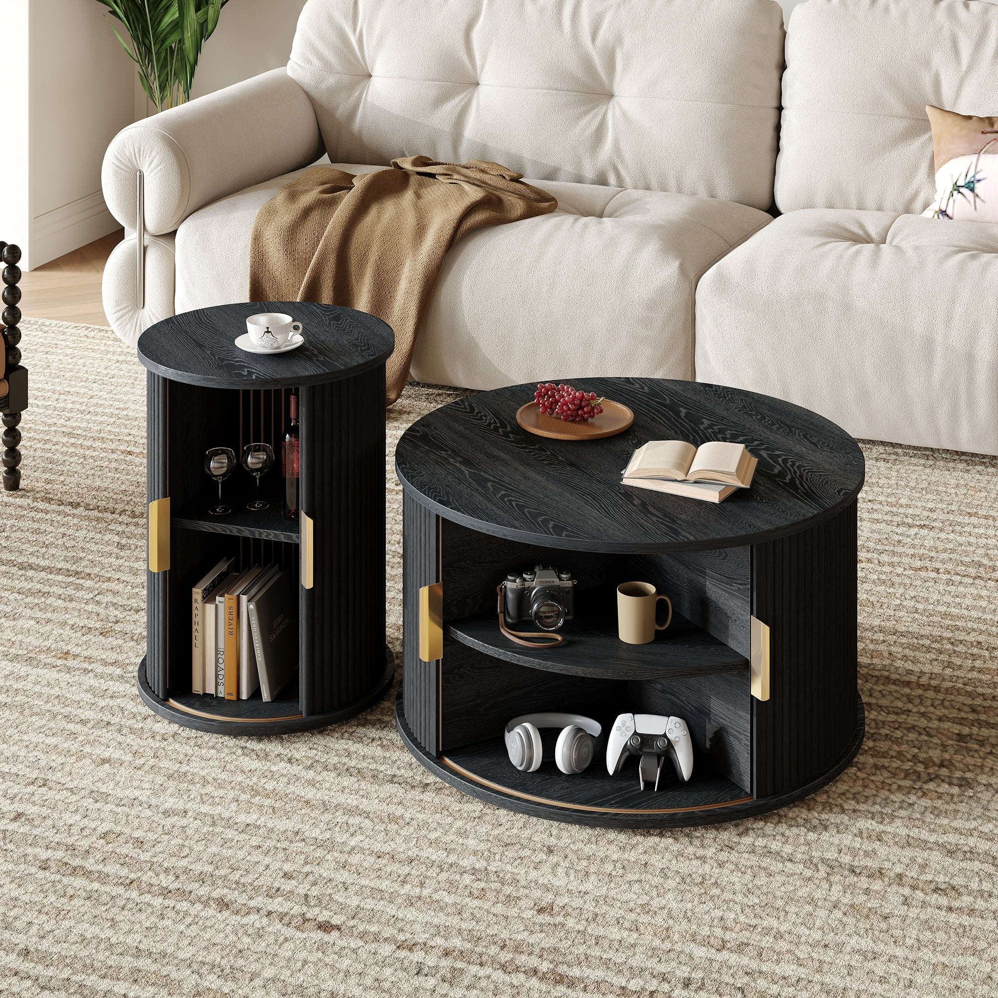 Euroco Mid-Century Coffee Table Set with Sliding Tambour Door, Round Fluted End Table With Storage, Golden Handle Tall & Low Side Table with Wooden Finish for Living Room, Set of Two