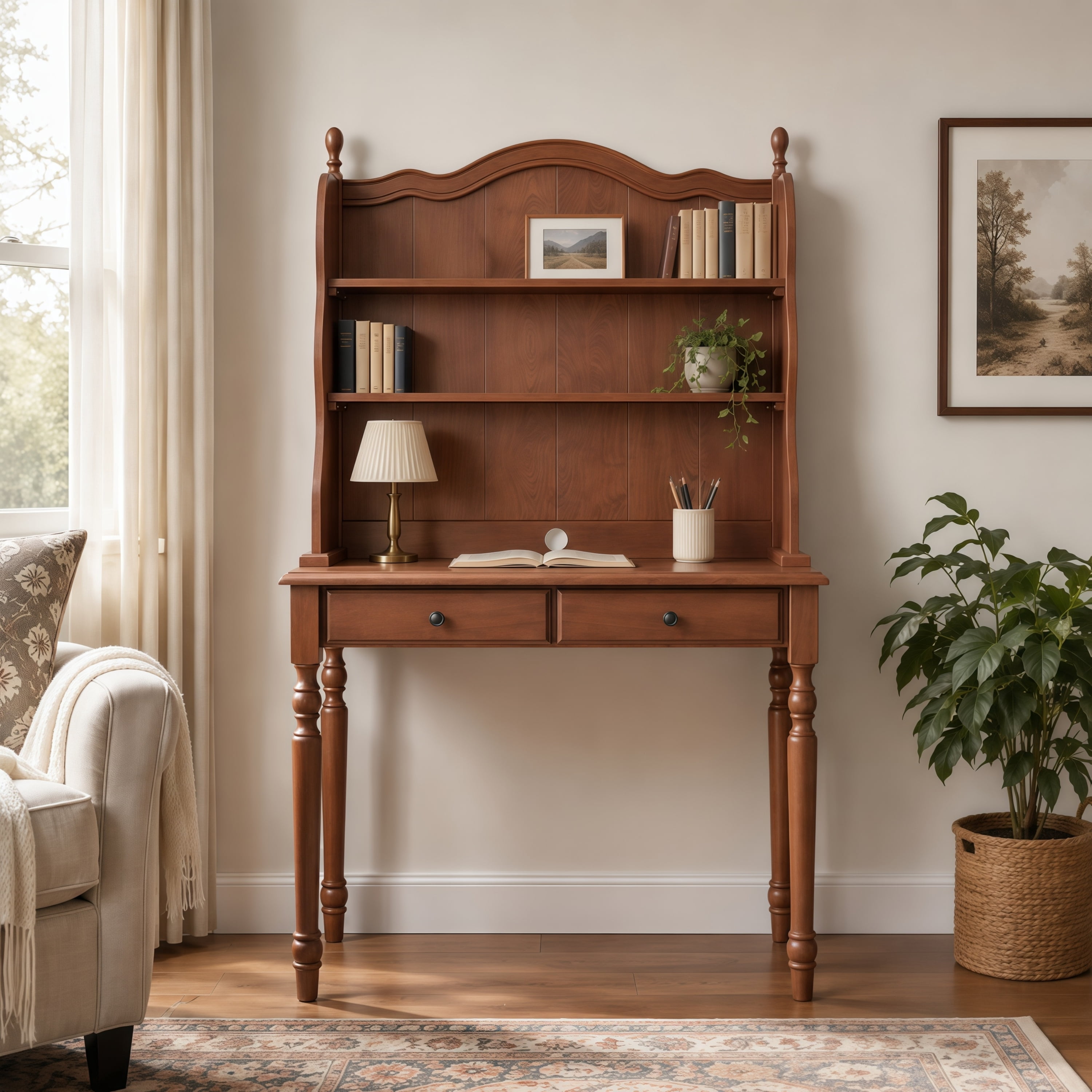 Euroco Mid-Century Computer Desk with Hutch and 2 Drawers, Wood Writing Desk Dressing Table,Study Workstation Table for Home Office Bedroom,Small Space,Walnut