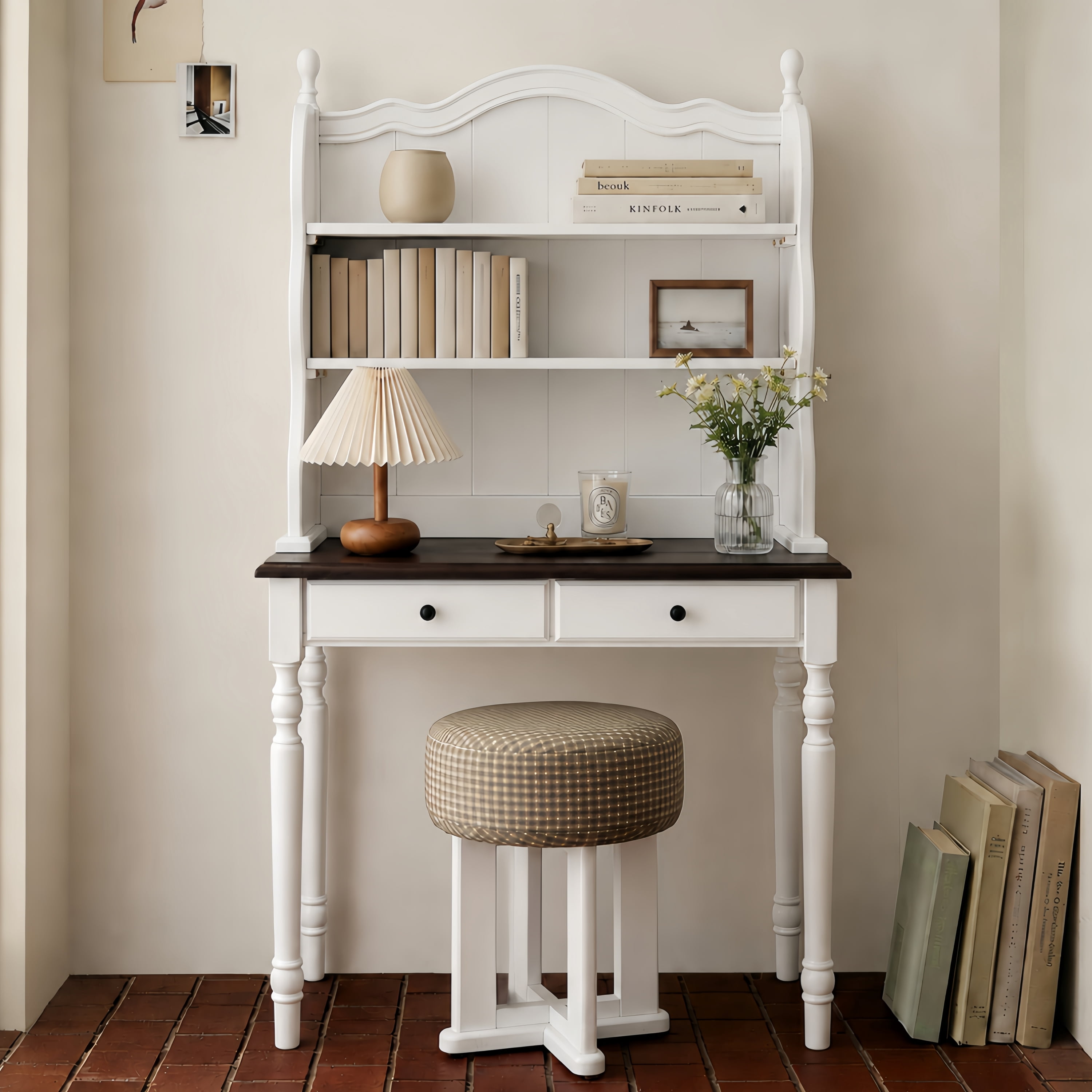 Euroco Mid-Century Computer Desk with Hutch and 2 Drawers, Wood Writing Desk Dressing Table,Study Workstation Table for Home Office Bedroom,Small Space,White