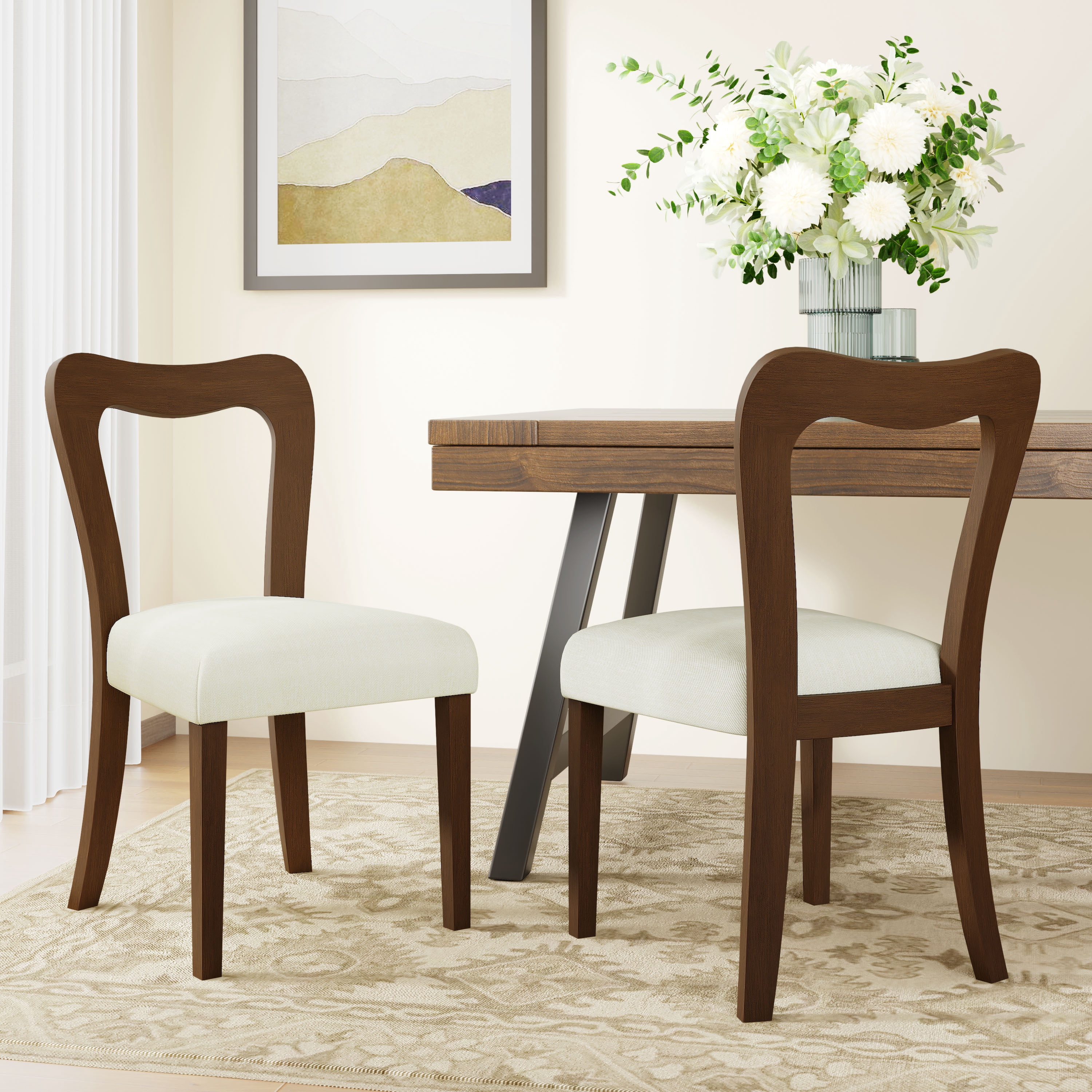 Euroco Mid-Century Dining Chairs Set of 2, Upholstered Kitchen Side Chairs Accent Chairs with Wooden Legs for Living Room,Beige & Walnut