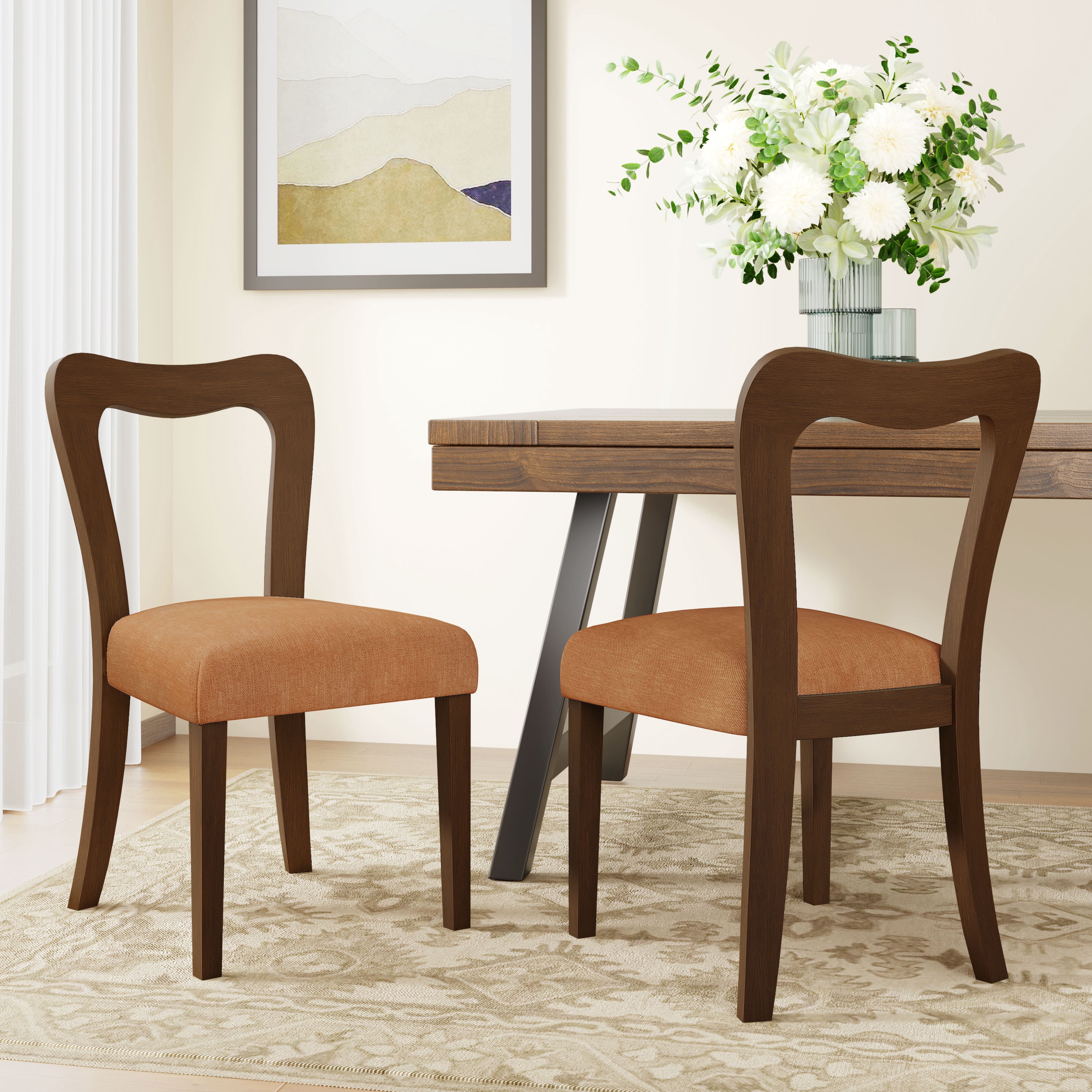 Euroco Mid-Century Dining Chairs Set of 2, Upholstered Kitchen Side Chairs Accent Chairs with Wooden Legs for Living Room,Caramel & Walnut