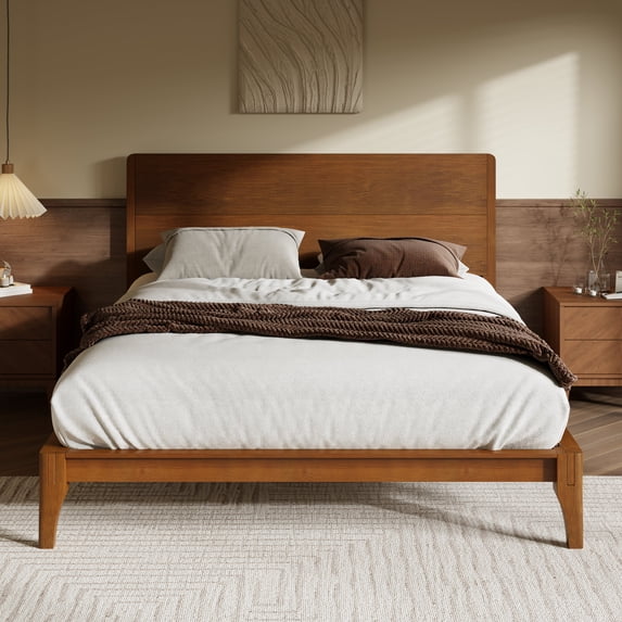 Euroco Mid-Century Full Size Platform Bed, Bamboo Wood Bed for Bedroom, Brown