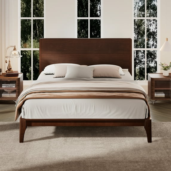 Euroco Mid-Century Full Size Platform Bed, Bamboo Wood Bed for Bedroom, Chocolate