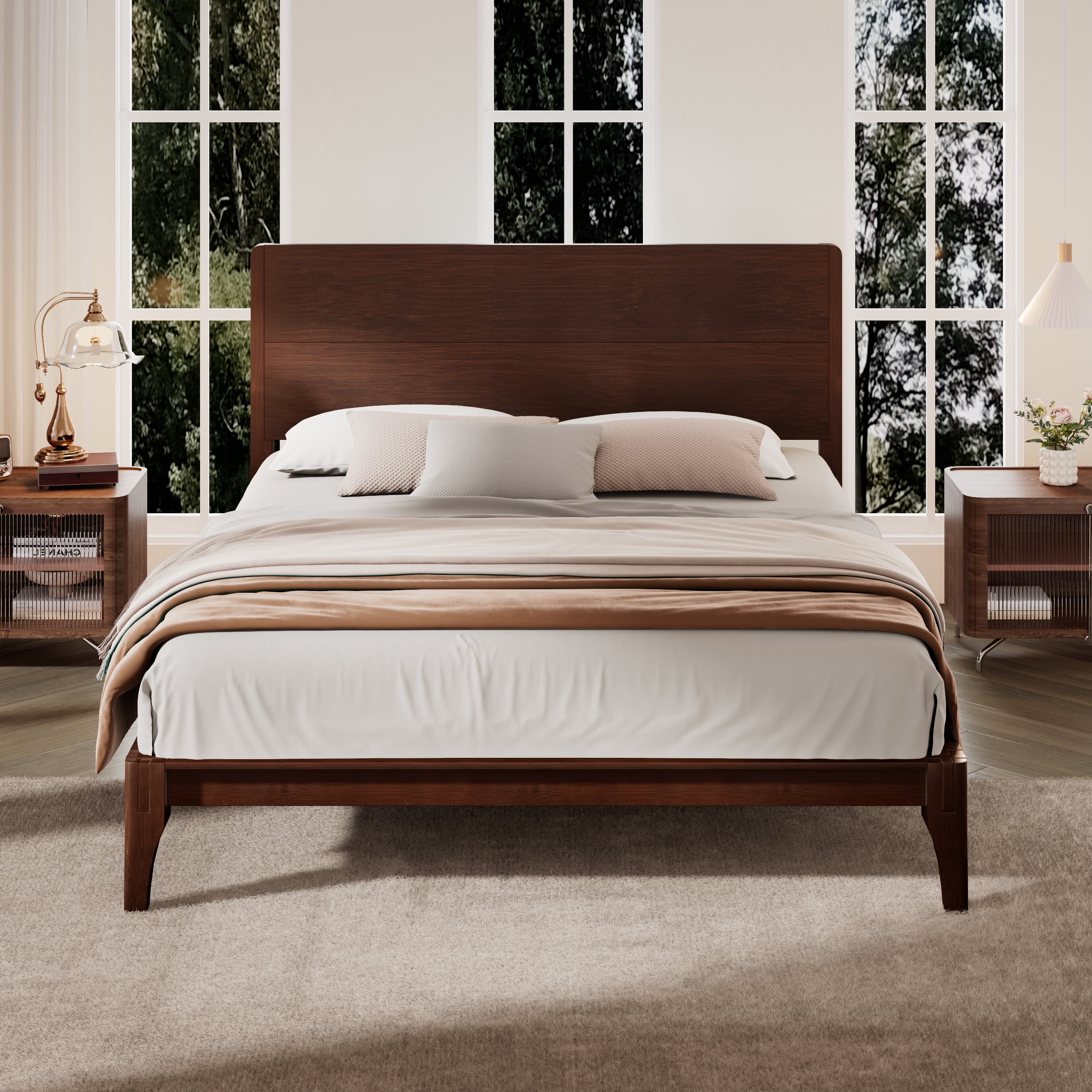 Euroco Mid-Century King Size Platform Bed, Bamboo Wood Bed for Bedroom, Chocolate