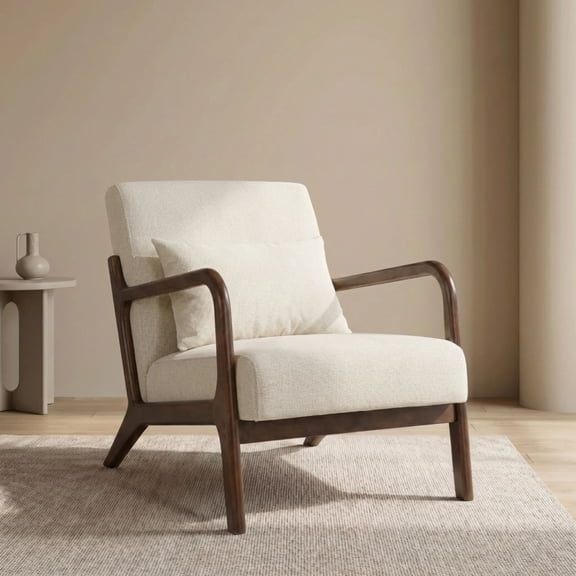 Euroco Mid-Century Modern Accent Chair, Upholstered Armchair with A Pillow and Wood Legs,Comfy Reading Chair for Living Room Bedroom Office,Antique White