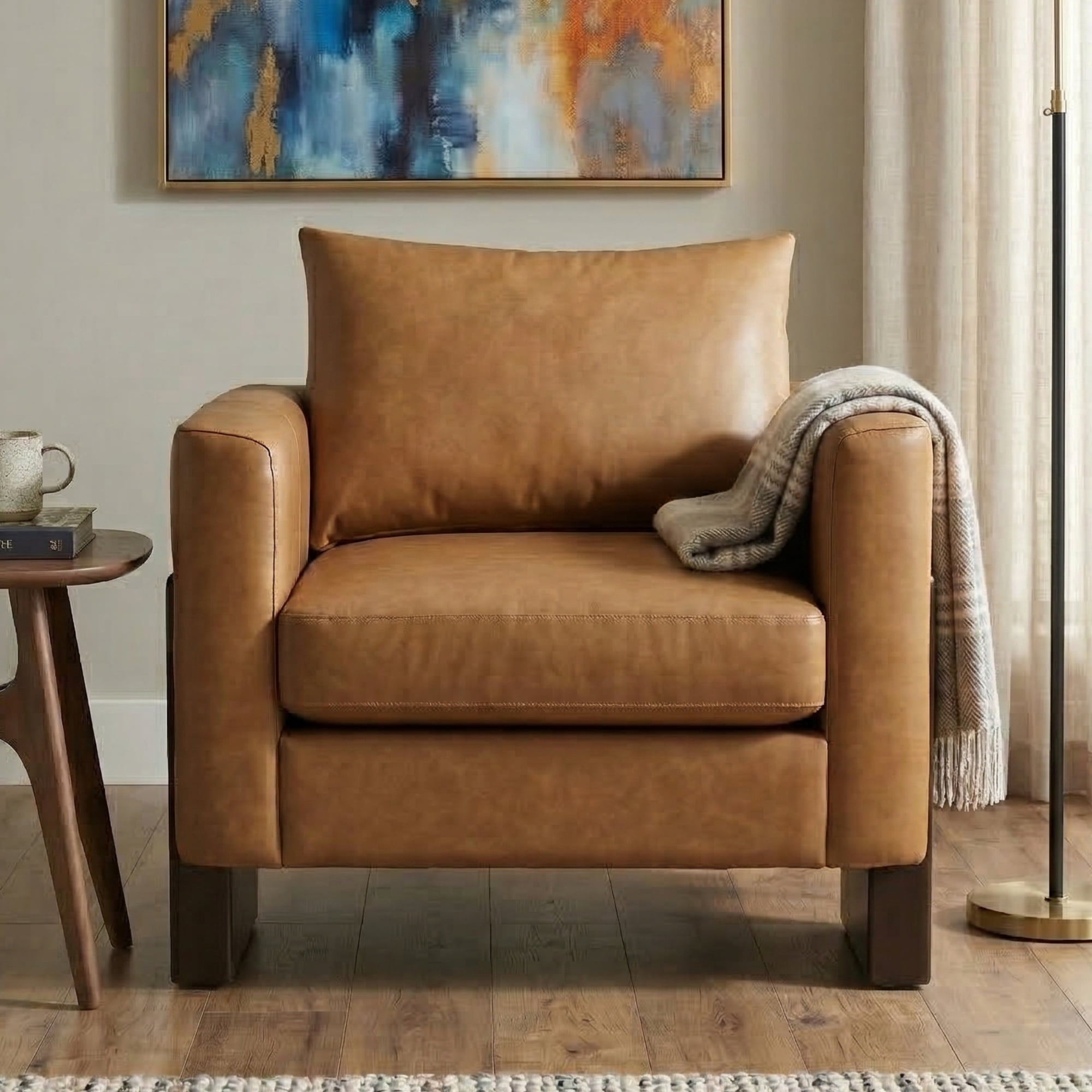 Euroco Mid Century Modern Accent Chair,Upholstered Armchair Single Sofa with Rubber Wood Legs,Comfy Reading Chair for Bedroom, Living Room,Office,Brown