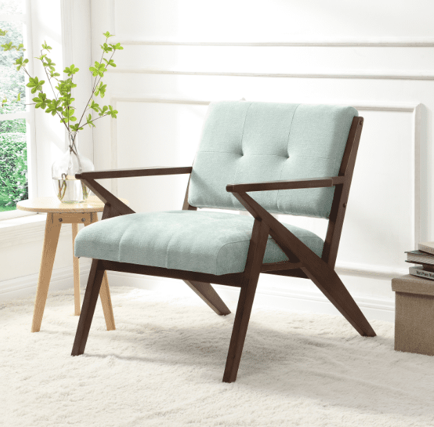 Euroco Mid-Century Modern Accent Chair with Light Green Upholstery, Tufted Cushion and Wooden Frame, Armchair for Living Room, Bedroom or Office