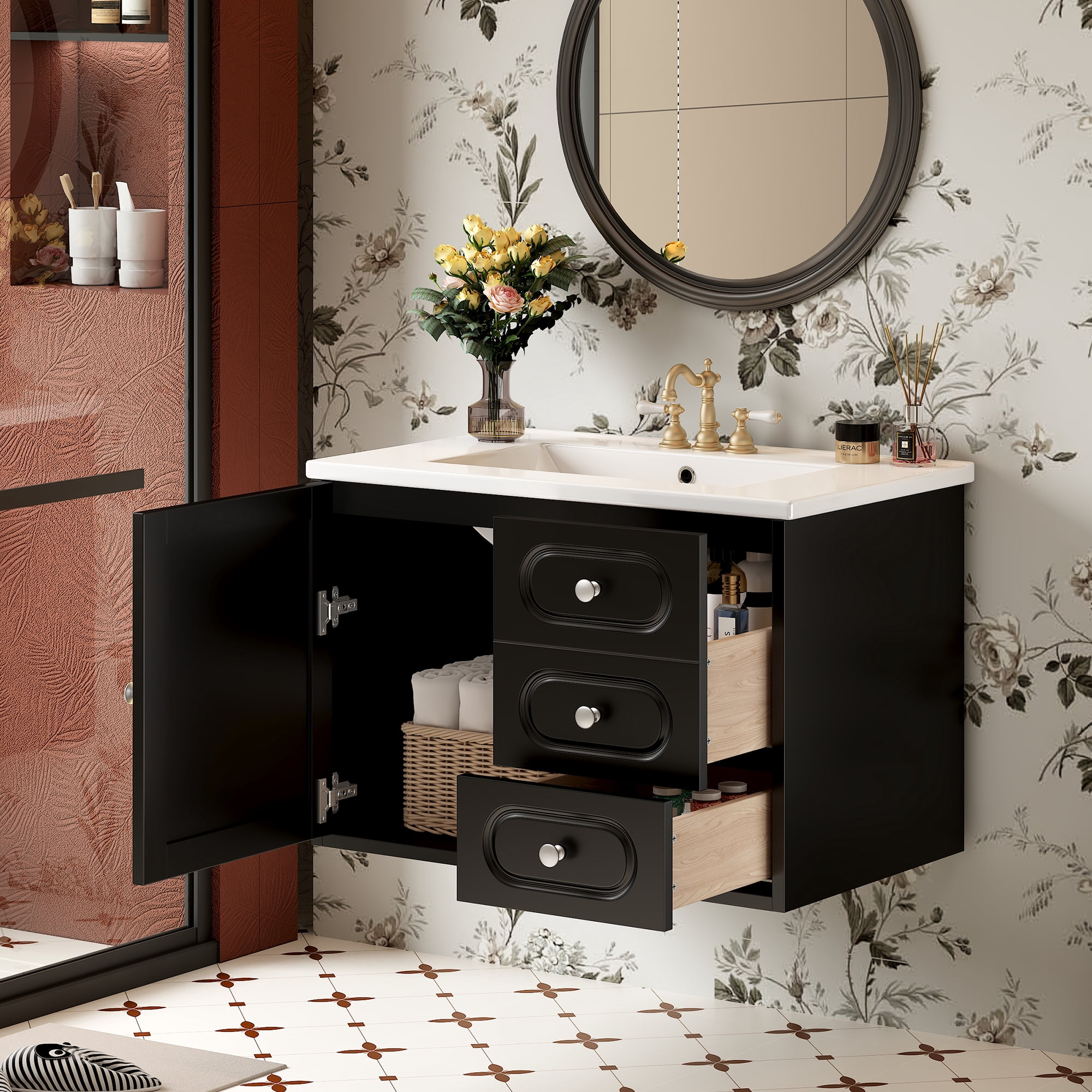 Euroco Mid-Century Modern Bathroom Vanity with Rattan Design, Soft-Close Drawers, Glossy Ceramic Basin, Premium MDF Storage Cabinet for Bathroom, 4-inch Faucet Compatibility