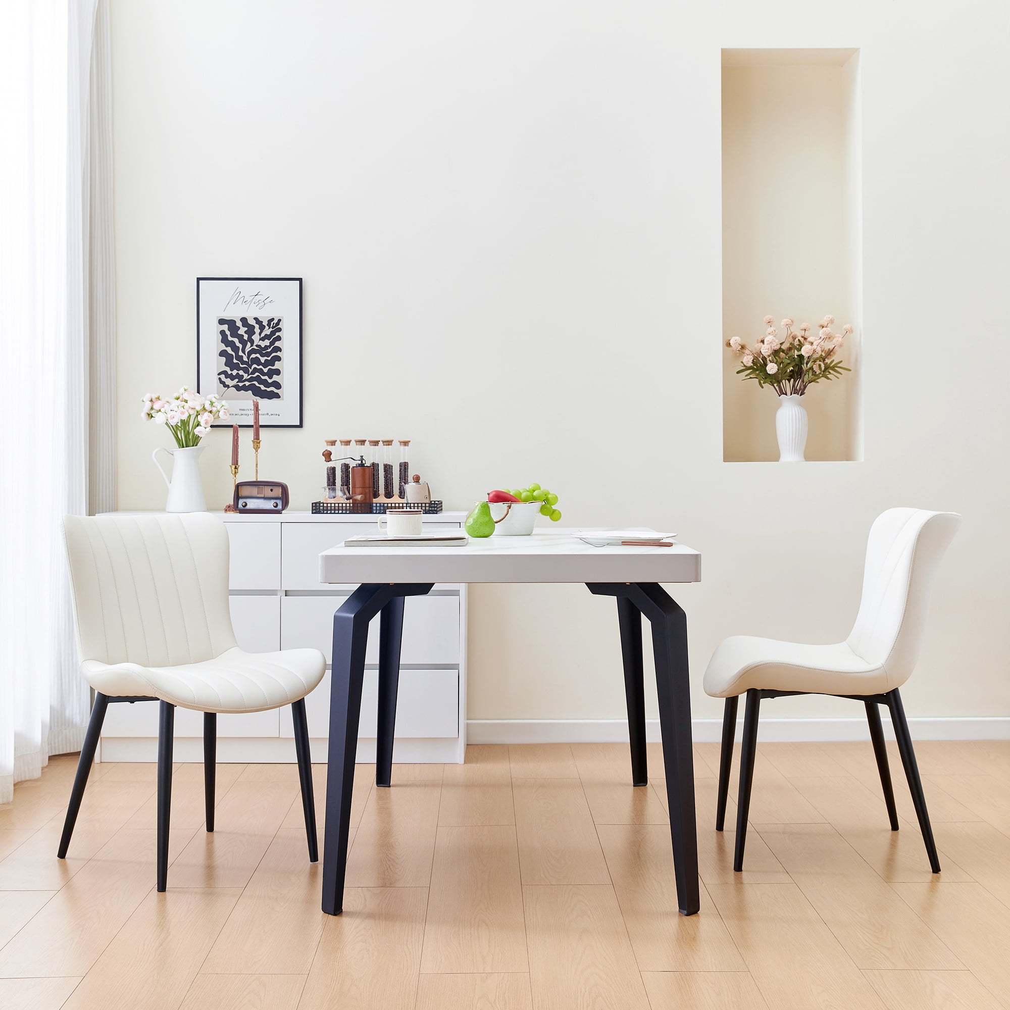 Euroco Mid-Century Modern Dining Chairs Set of 2, Accent Chairs with Curved Back and Iron Frame, Kitchen Side Chairs for Bedroom, Living Room,Dining Room,Cream White