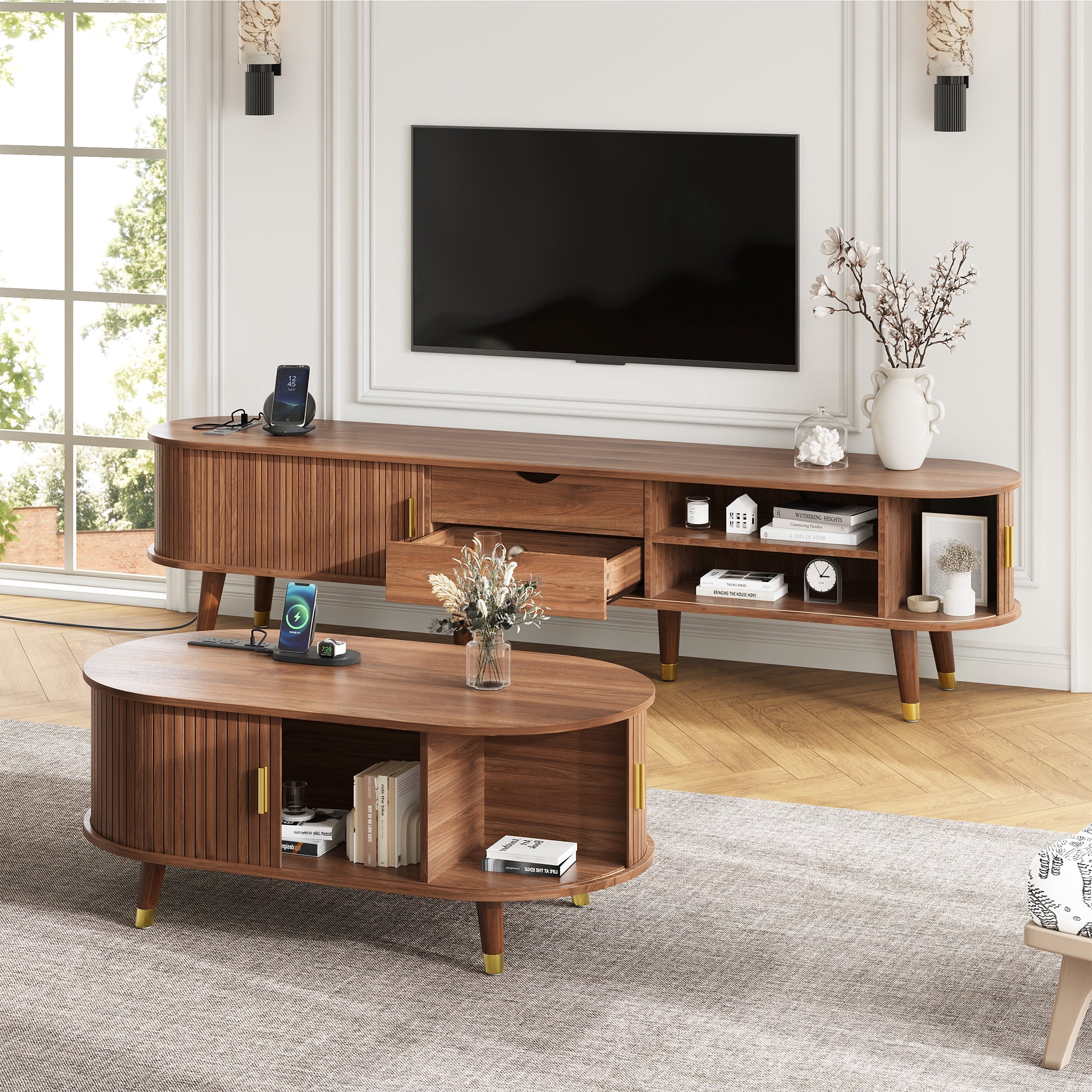 Euroco Mid-Century Modern Living Room Set with Coffee Table & TV Stand for TVs up to 80", Fluted Tambour Sliding Doors, Charging Stations with USB & AC Outlets, Solid Wood Legs，Walnut