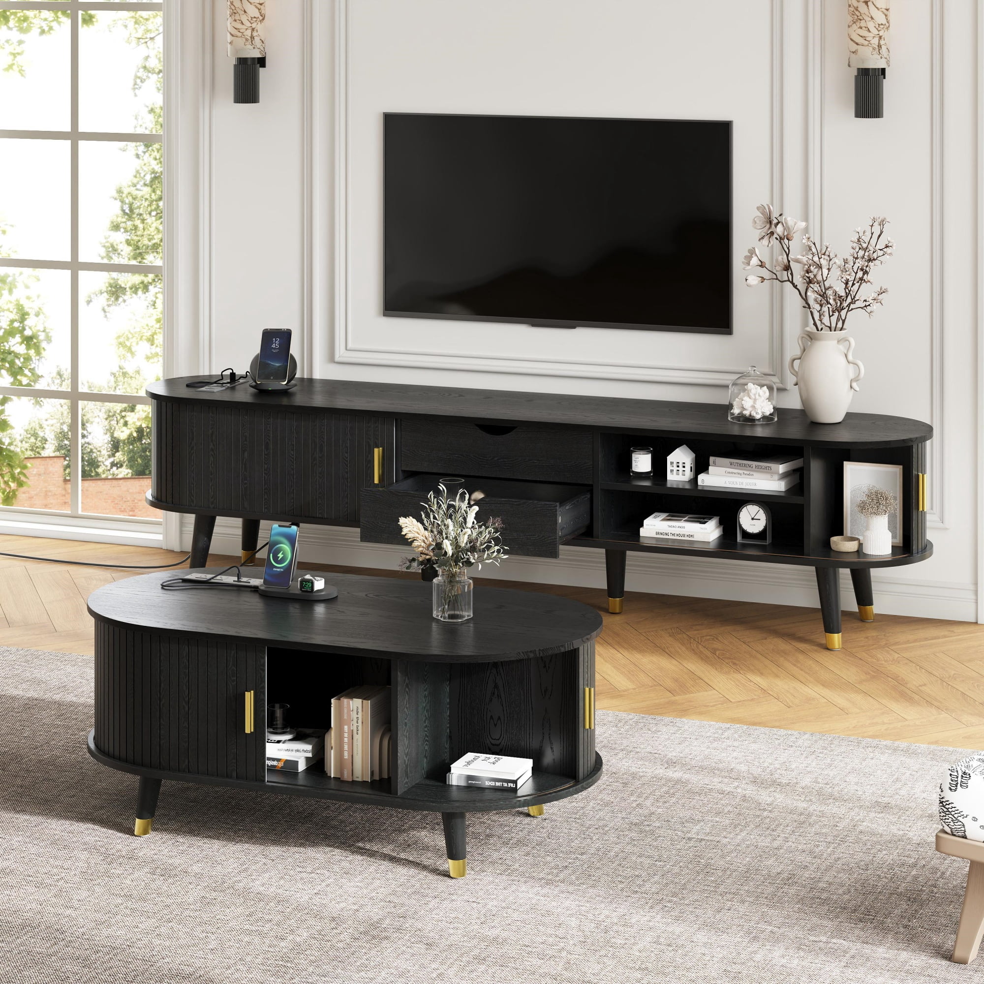 Euroco Mid-Century Modern Living Room Set with Coffee Table & TV Stand for TVs up to 80", Fluted Tambour Sliding Doors, Charging Stations with USB & AC Outlets, Solid Wood Legs，Black