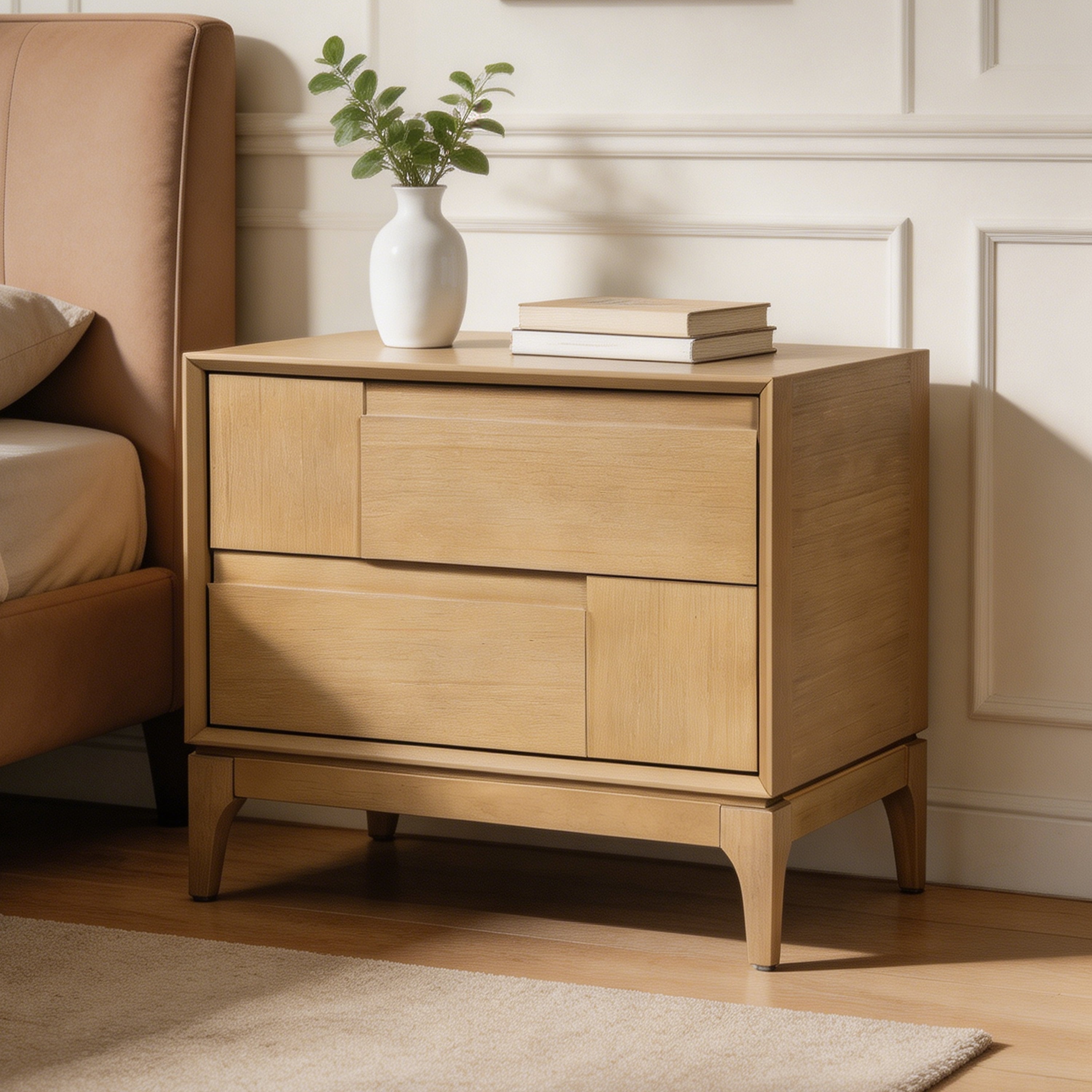 Euroco Mid-Century Modern Nightstand with 2 Storage Drawers, 24" Wide End Table with Tapered Legs,Wood Bedside Table for Bedroom,Living Room,Natural