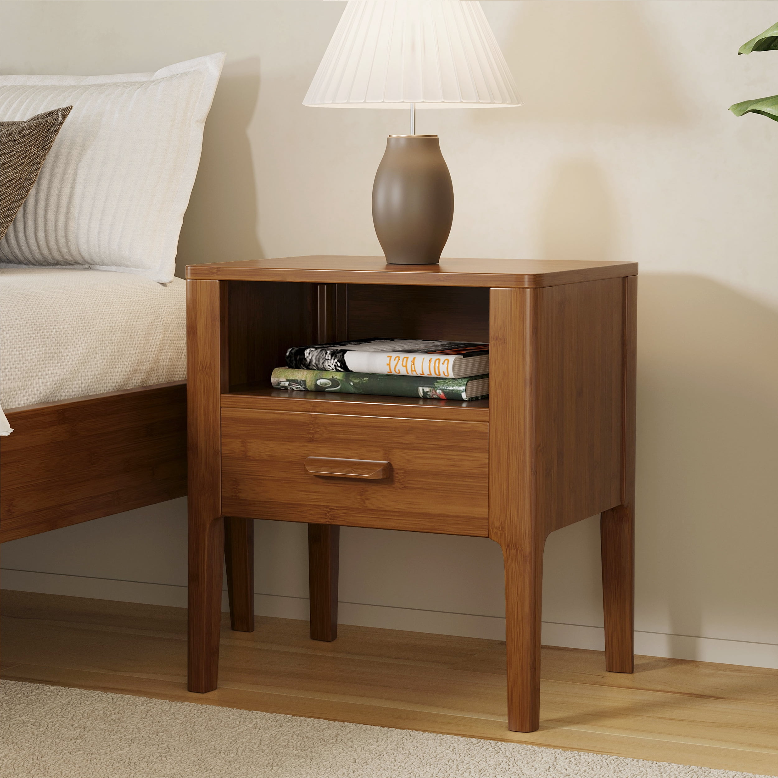 Euroco Mid-Century Modern Nightstand with Drawer, 22.5" Tall Bamboo Wood Bedside Table End Table with Open Shelf for Bedroom, Living Room,Brown