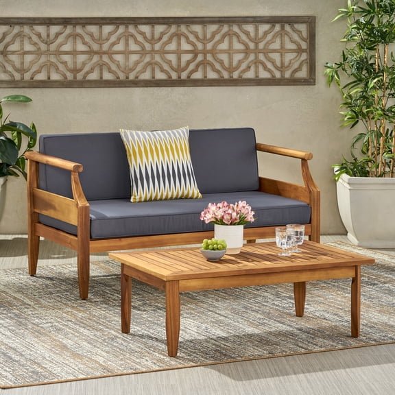 Euroco Mid-Century Modern Outdoor 3-Piece Acacia Wood Patio Sofa Set with Coffee Table and Water-Resistant Cushions
