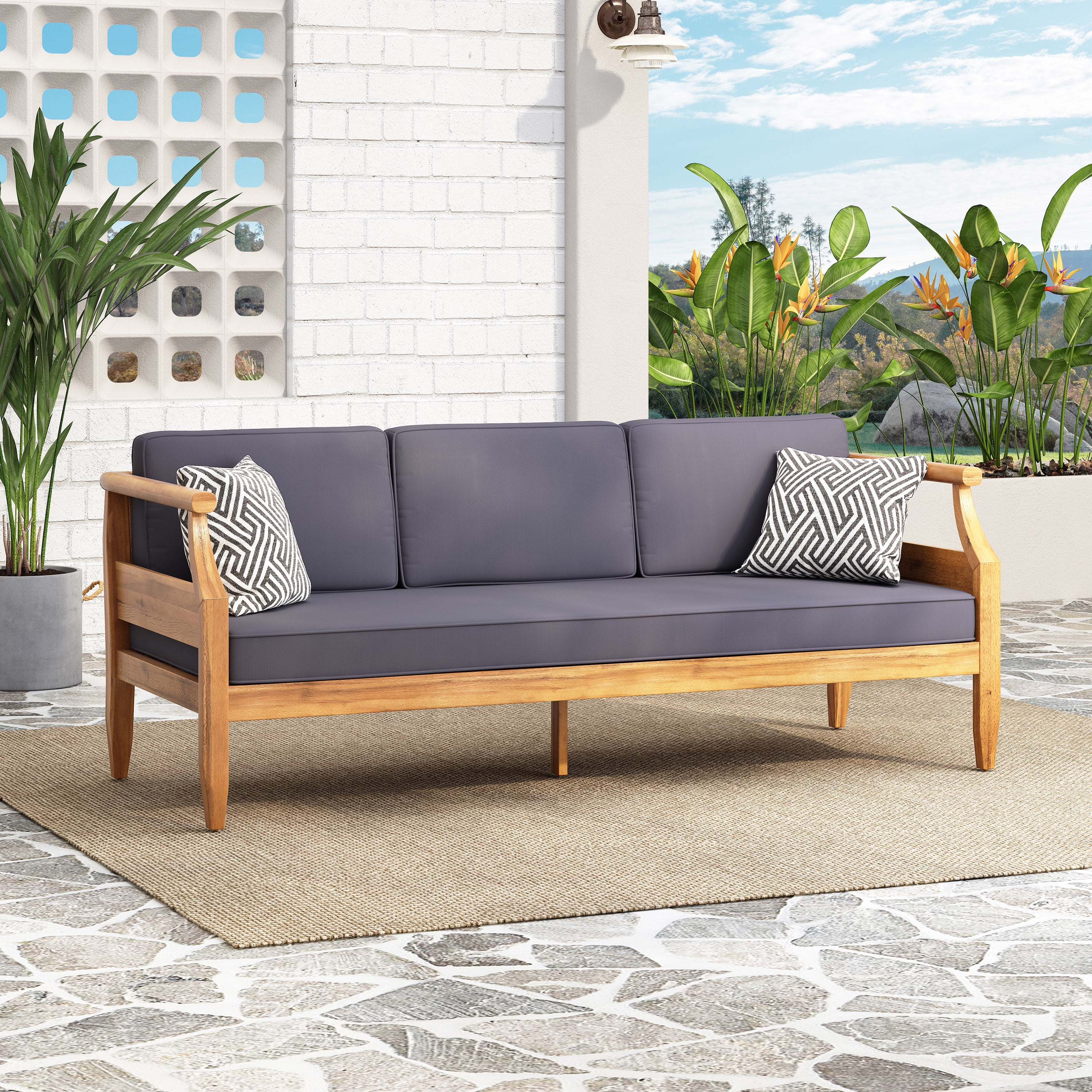 Euroco Mid-Century Modern Outdoor Sofa, Acacia Wood Frame with Slat Design and Water-Resistant Cushions, 73.25"
