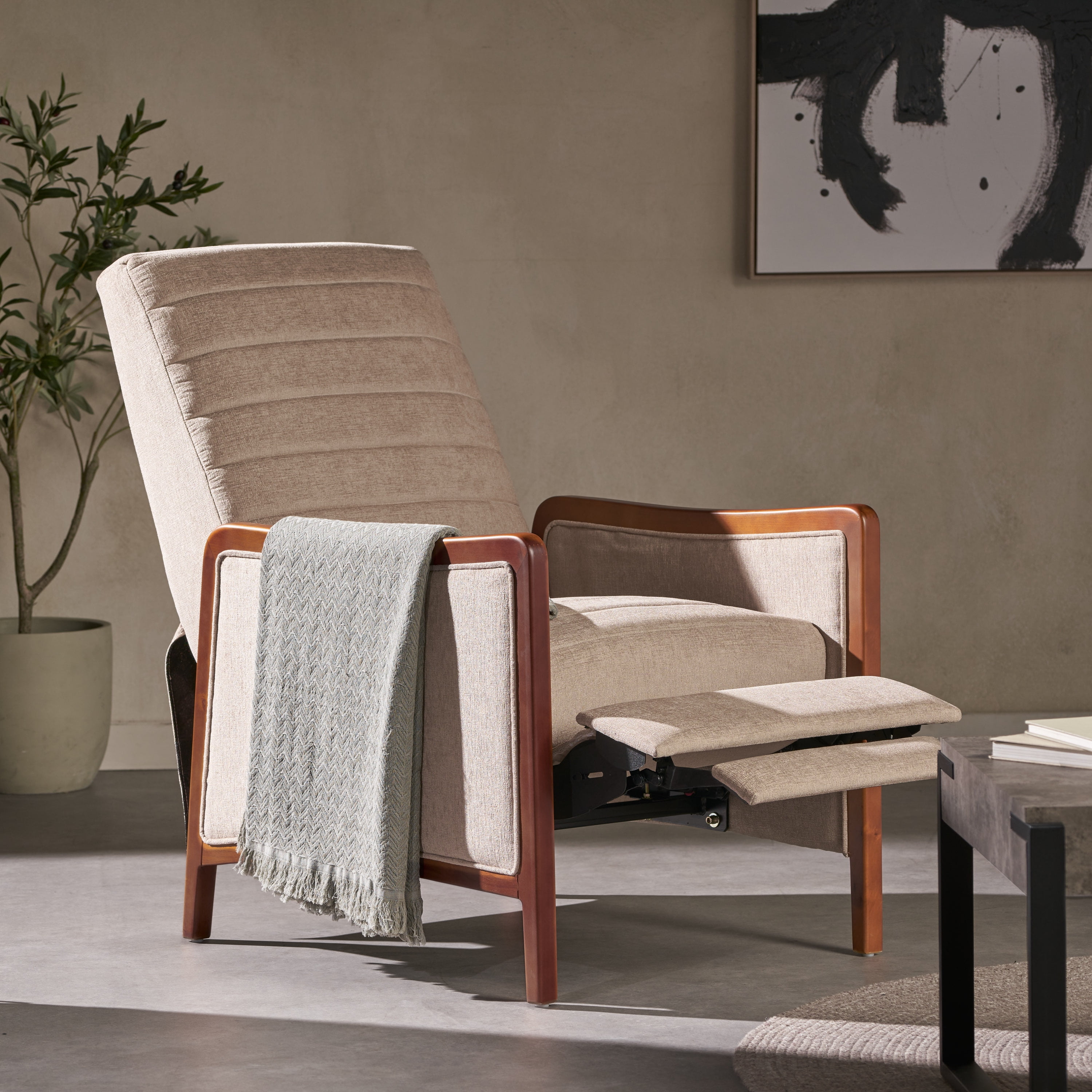Euroco Mid-Century Modern Push Back Recliner Chair with Birch Wood Frame and Channel Tufted Upholstery, Lounge Accent Chair