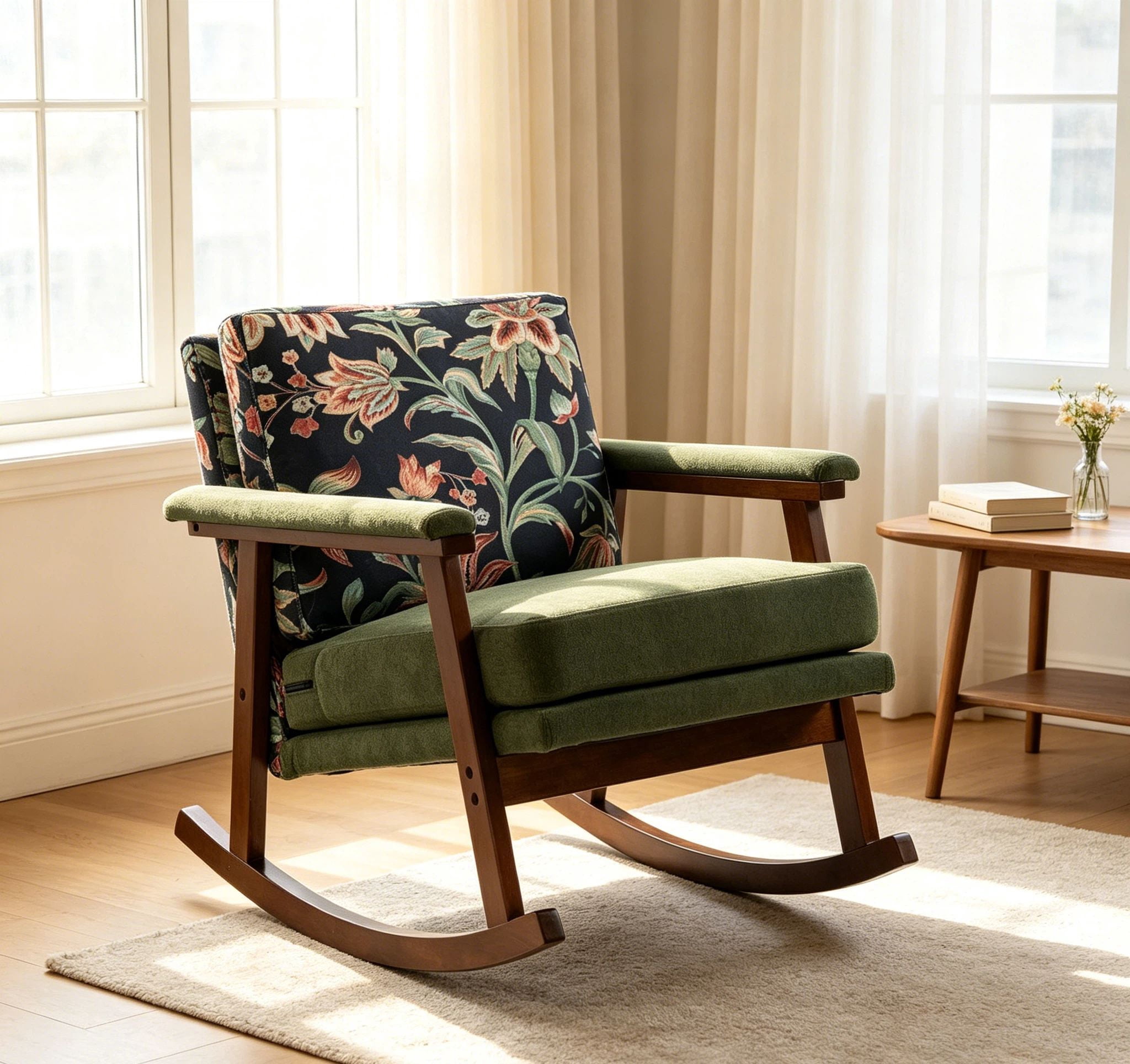 Euroco Mid Century Modern Rocking Chair Nursery, Teddy Upholstered Accent Chair with Solid Wood Frame,Glider Rocker Reading Armchair for Living Room Bedroom,Green