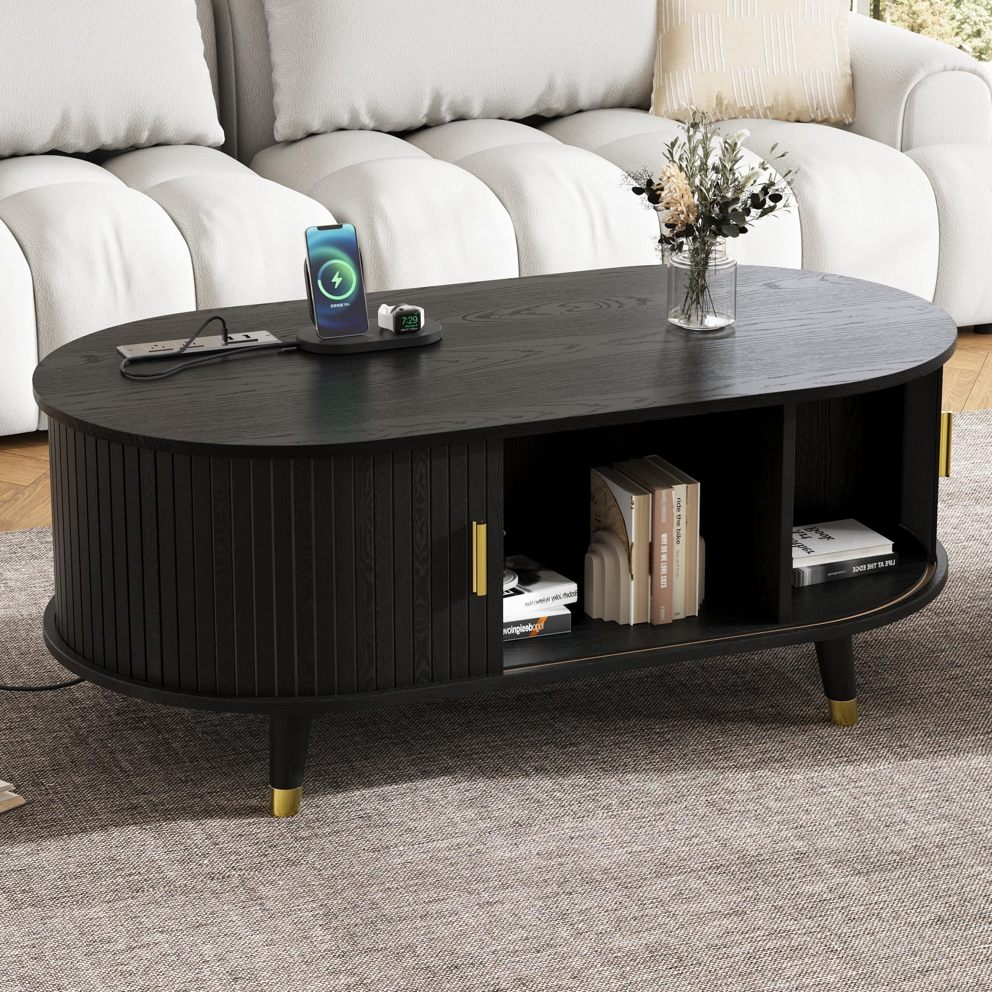 Euroco Mid-Century Modern Round Coffee Table with Fluted Sliding Doors, Charging Station, and Storage，Black