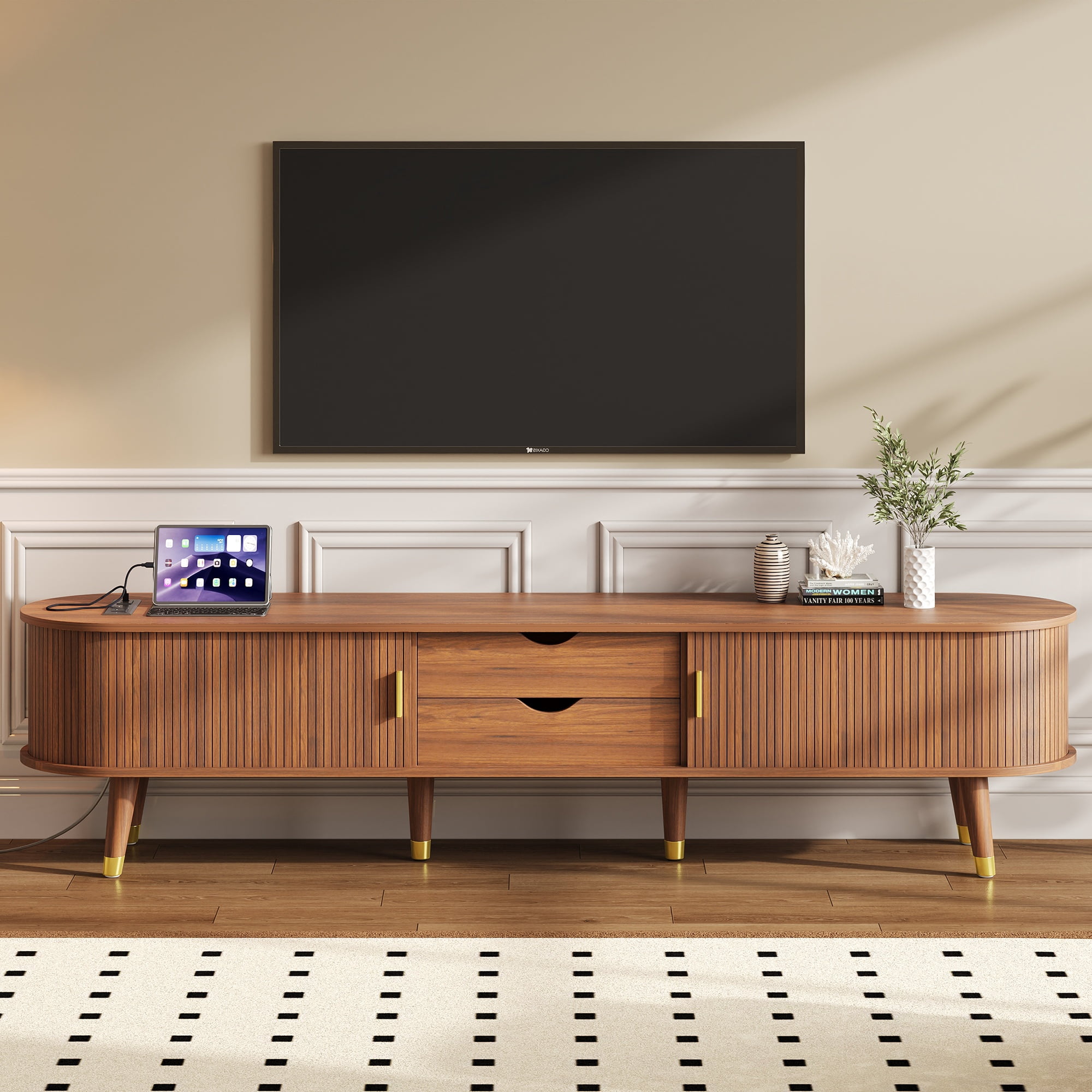 Euroco Mid-Century Modern TV Stand for TVs up to 80", Fluted Sliding Doors, Charging Station with USB & AC Outlets, Adjustable Shelves，Walnut