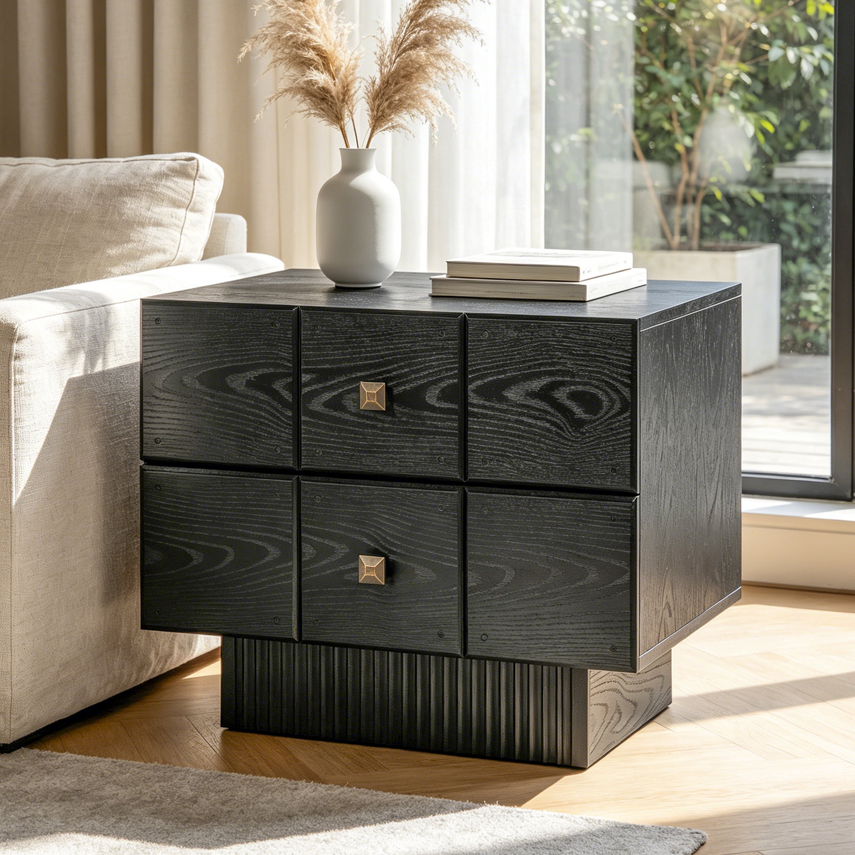 Euroco Mid-Century Nightstand with 2 Drawers, 24" Wide Bed Side Table with Fluted Pedestal,Wood Storage End Table Dresser for Bedroom,Living Room,Black