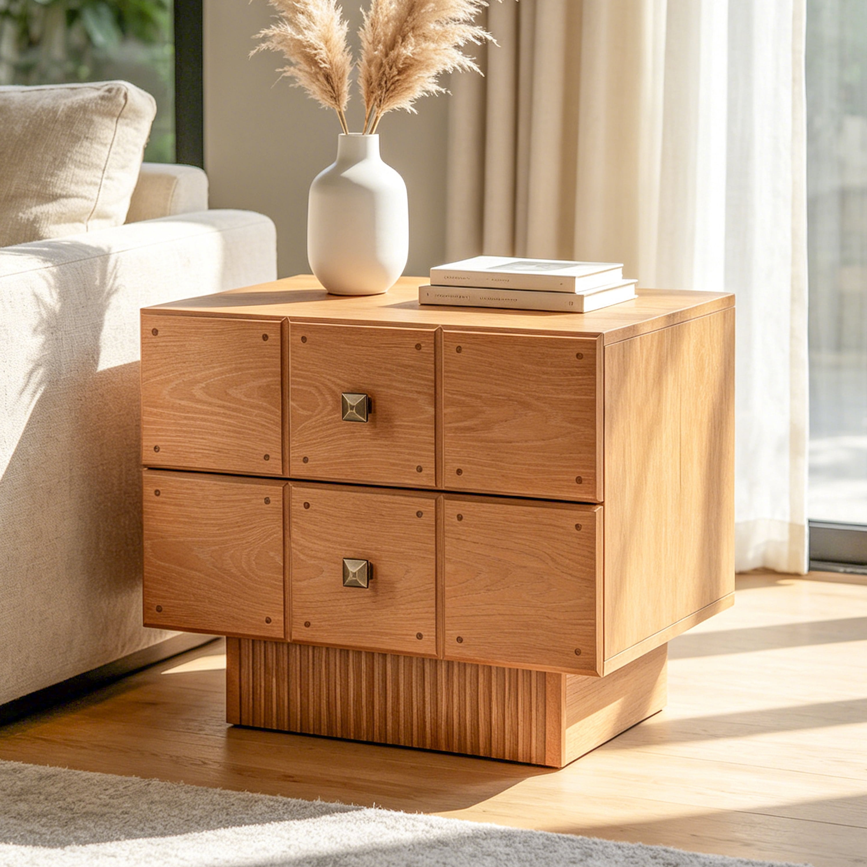 Euroco Mid-Century Nightstand with 2 Drawers, 24" Wide Bed Side Table with Fluted Pedestal,Wood Storage End Table Dresser for Bedroom,Living Room,Brown