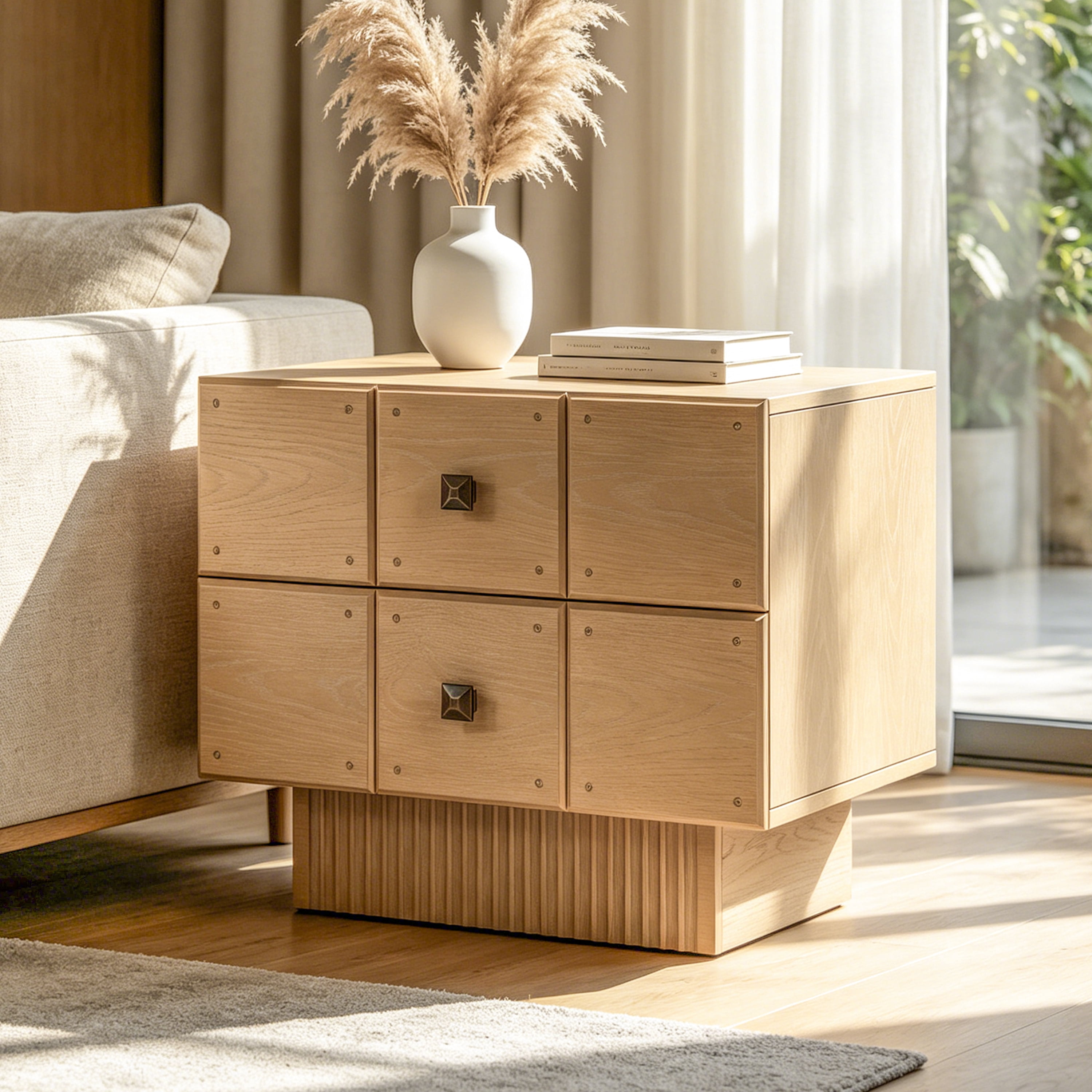 Euroco Mid-Century Nightstand with 2 Drawers, 24" Wide Bed Side Table with Fluted Pedestal,Wood Storage End Table Dresser for Bedroom,Living Room,Natural
