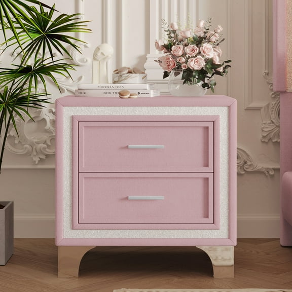 Euroco Mid Century Nightstand with with Silver Glitter Strip Decor,Rectangular Simple End Bedside Table with 2 Drawers,Pink