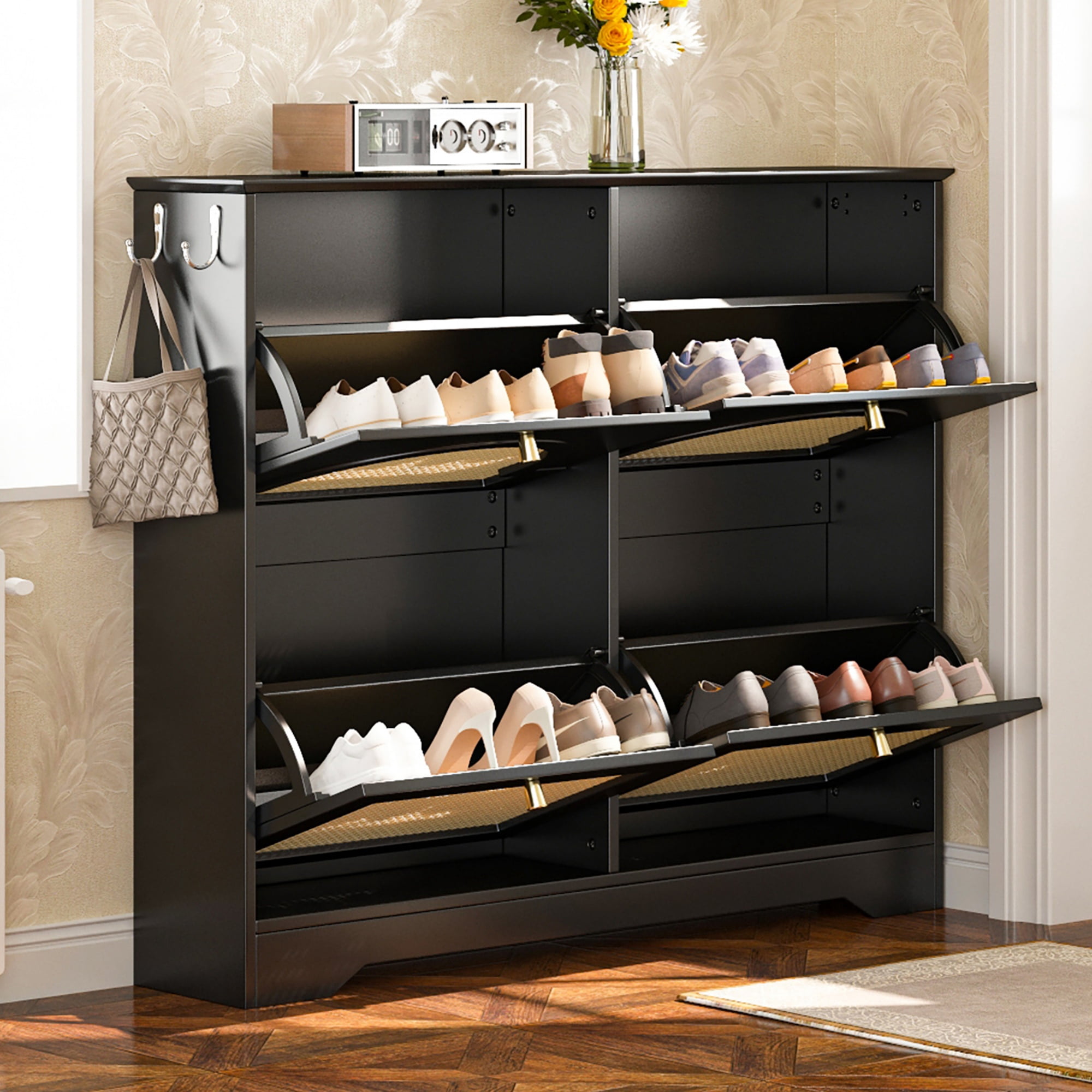 Euroco Mid-Century Rattan Shoe Cabinet with 4 Flip Drawers, Arched Doors, and Side Hooks, Holds up to 12 Pairs of Shoes