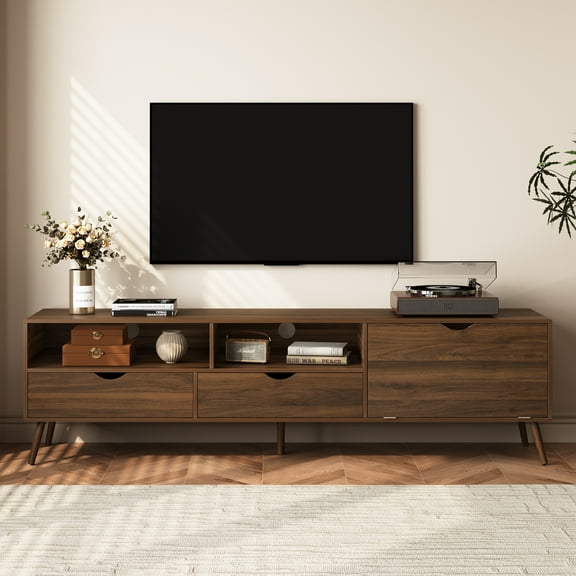 Euroco Mid Century TV Stand with 2 Drawers, 1 Drop-down Door, Media Console Table for TVs up to 80'', Entertainment Center with Storage for Living room, Bedroom, Home Theatre