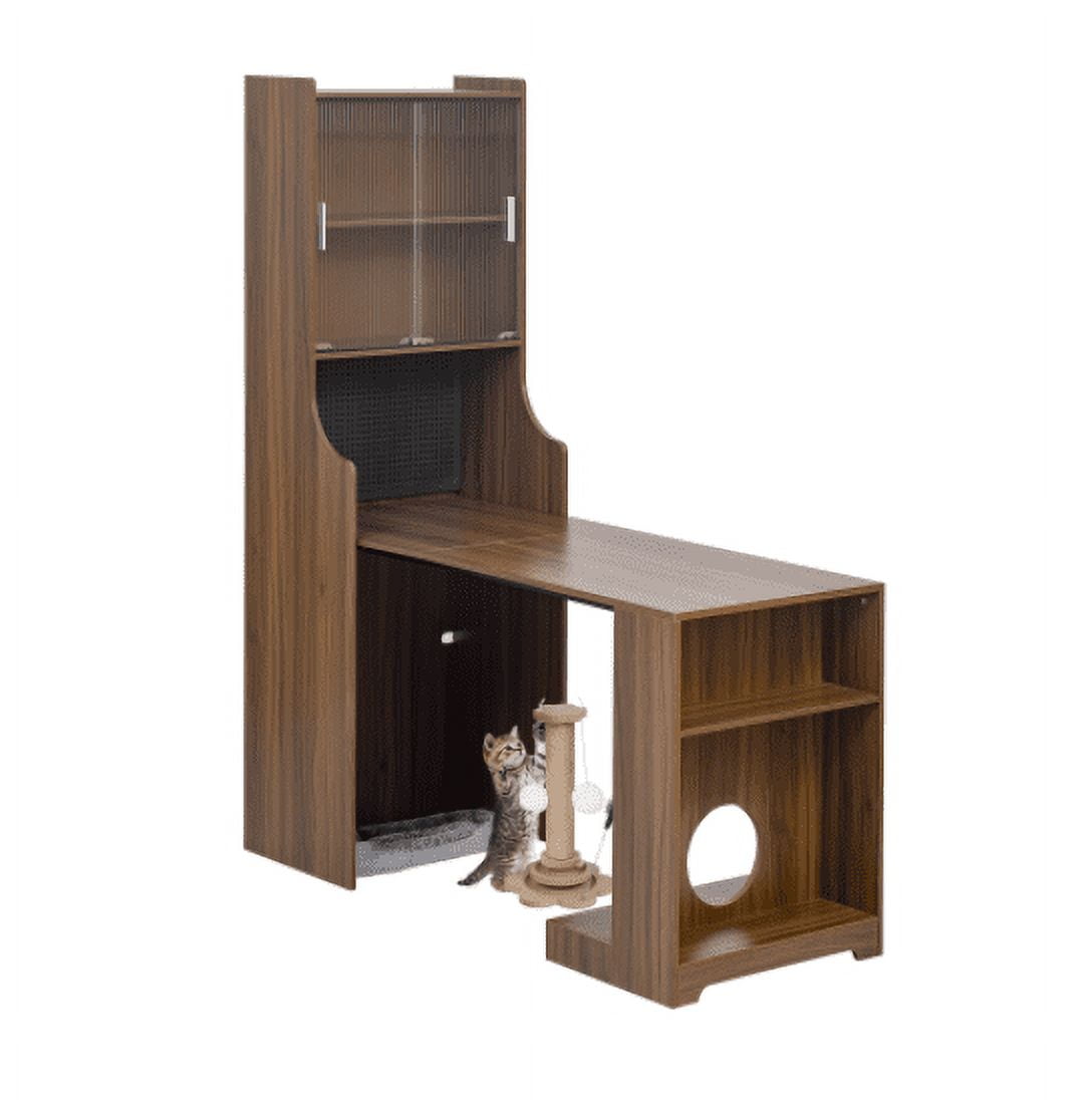 Euroco Mid-Century Walnut Vintage Multi-use Cabinet With Cat scratcher Bed cat furniture