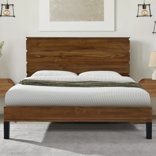 Euroco Wood Bed Queen Platform Bed with Six-Piece Headboard Design for Kids Adults,Brown