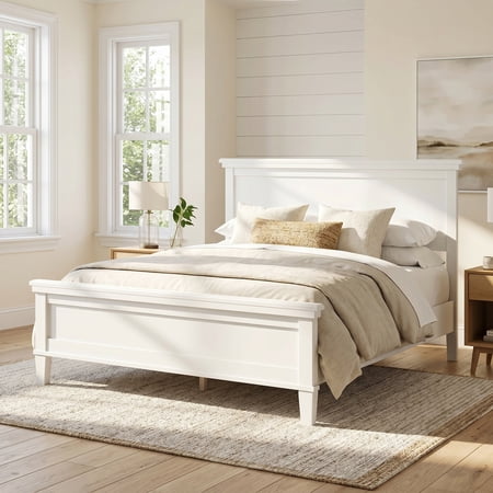 Euroco Mid-Century Wood Full Size Platform Bed with Headboard and Wood Slat Support, No Box Spring Needed, White
