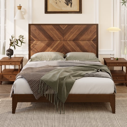 Euroco Mid-Century Wood Platform Bed, No Box Spring Needed, King, Walnut