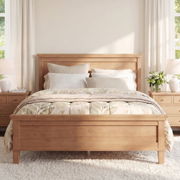 Euroco Mid-Century Wood Queen Size Platform Bed with Headboard and Wood Slat Support, No Box Spring Needed, Seadrift