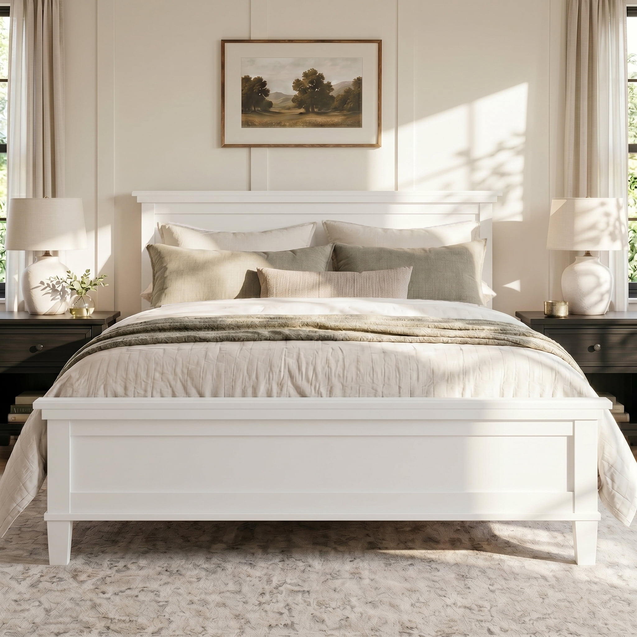 Euroco Mid-Century Wood Queen Size Platform Bed with Headboard and Wood Slat Support, No Box Spring Needed, White