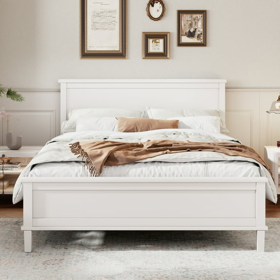 Euroco Mid-Century Wood Queen Size Platform Bed with Headboard and Wood Slat Support, No Box Spring Needed, White