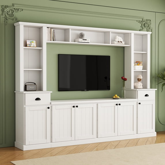 Euroco Minimalist Entertainment Wall Unit Set with Bridge for TVs Up to 75'', Ample Storage Space TV Stand with Adjustable Shelves, Modernist Large Media Console for Living Room