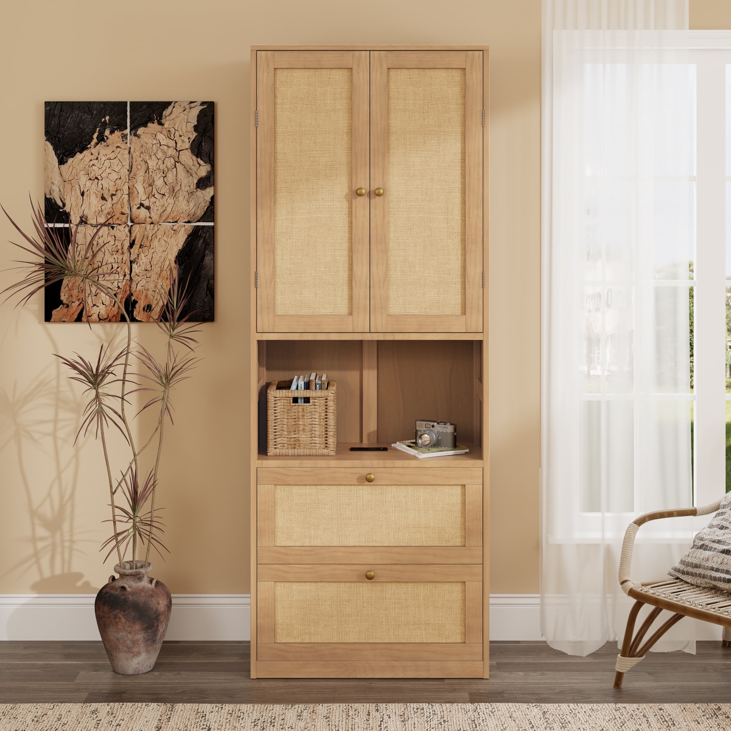 Euroco Modern 2 Door Armoires, Wood Wardrobe with Drawers, Cabinet and Shelves, White
